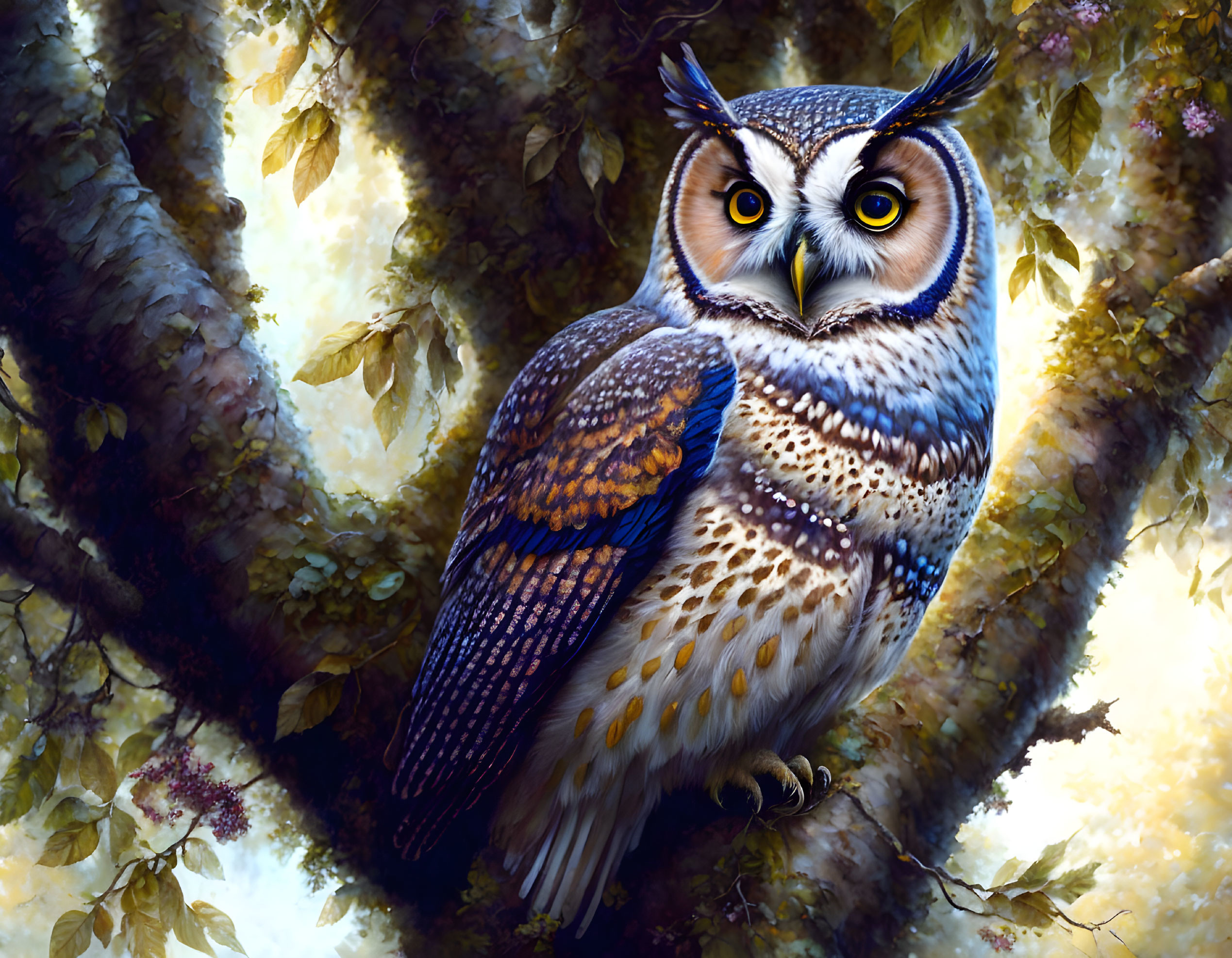 Detailed painting of majestic owl on tree branch in sunlight