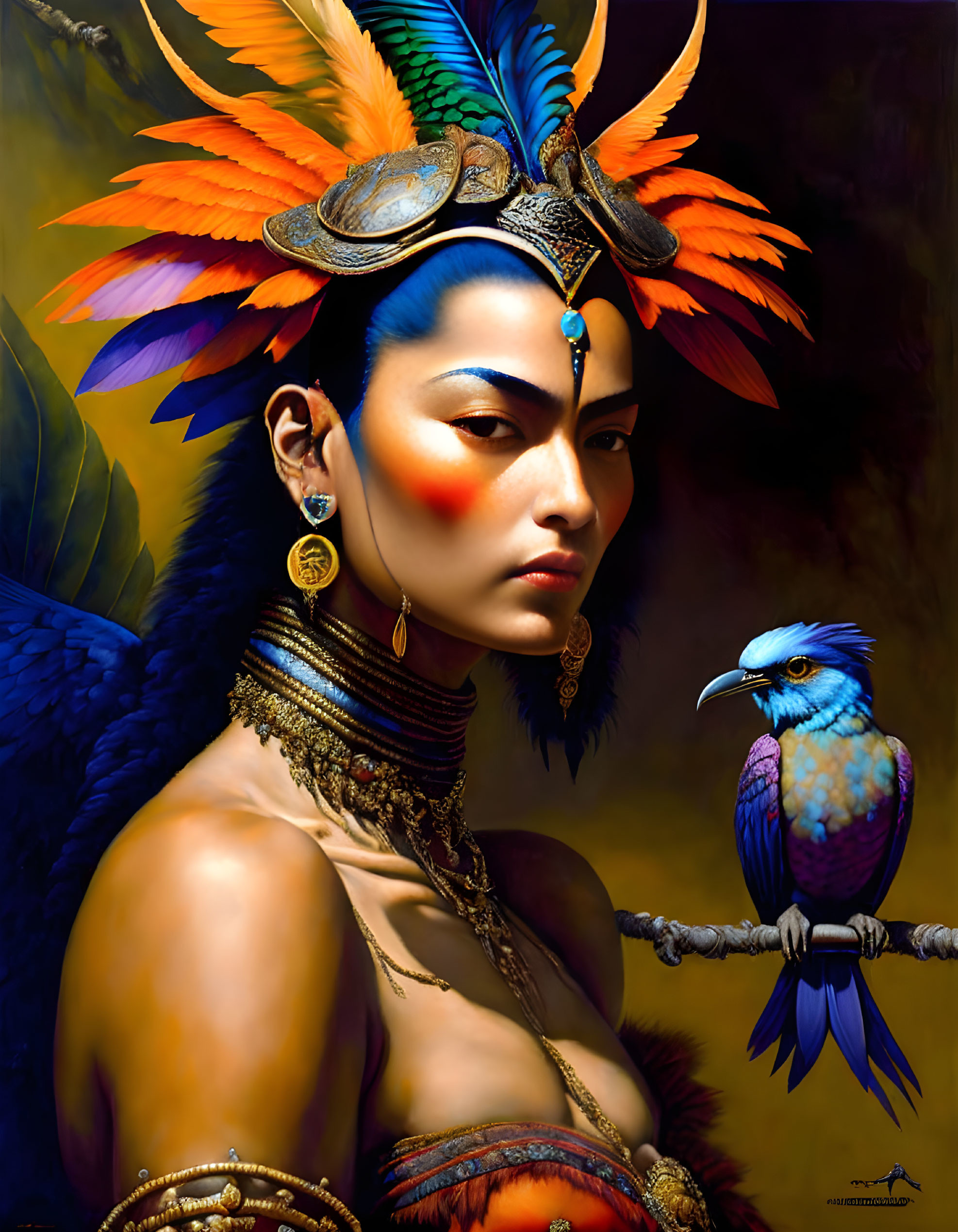 Woman portrait with feather headdress, blue bird, golden earrings, and intense gaze.