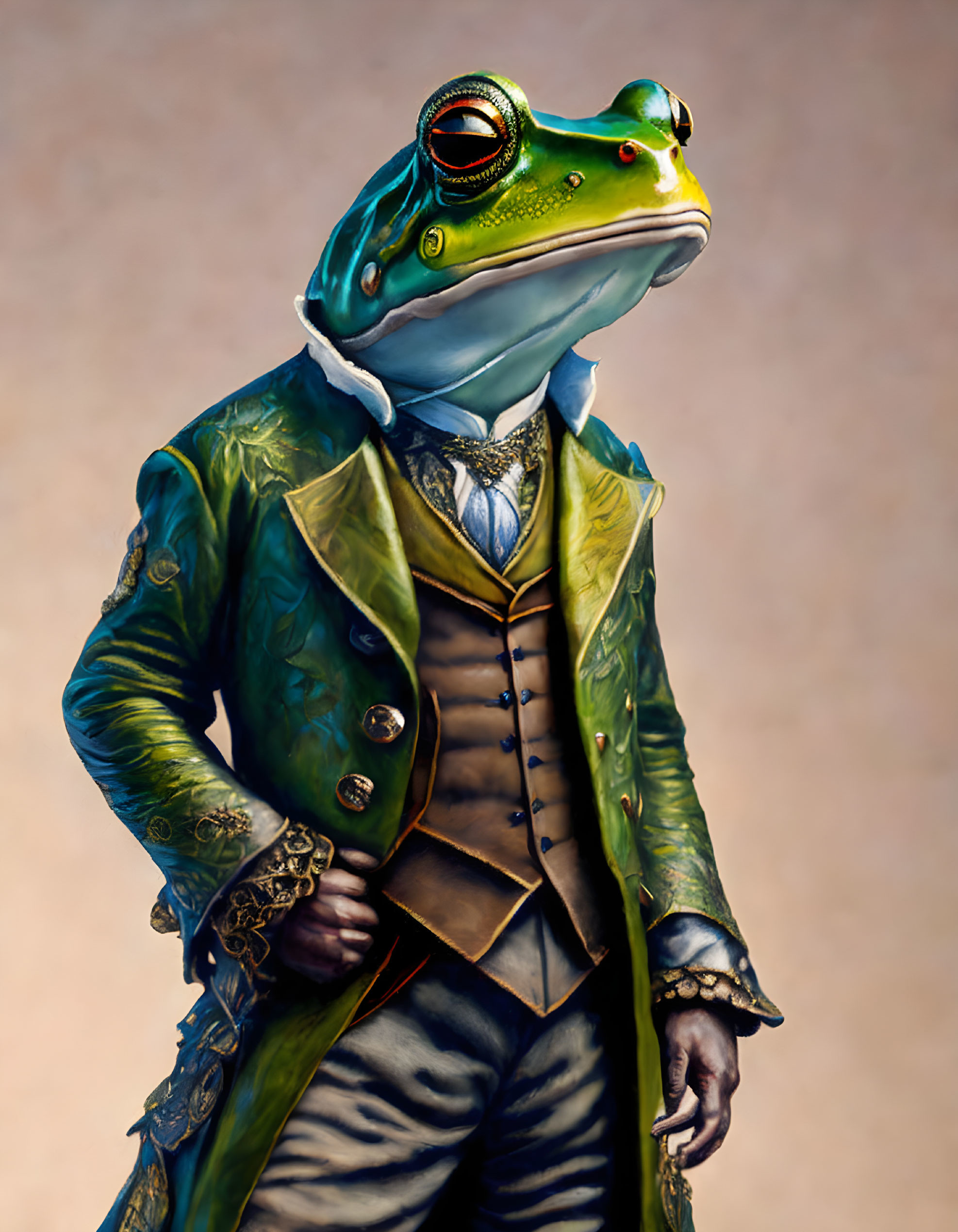 Humanoid Frog Character in 18th-Century Green Coat