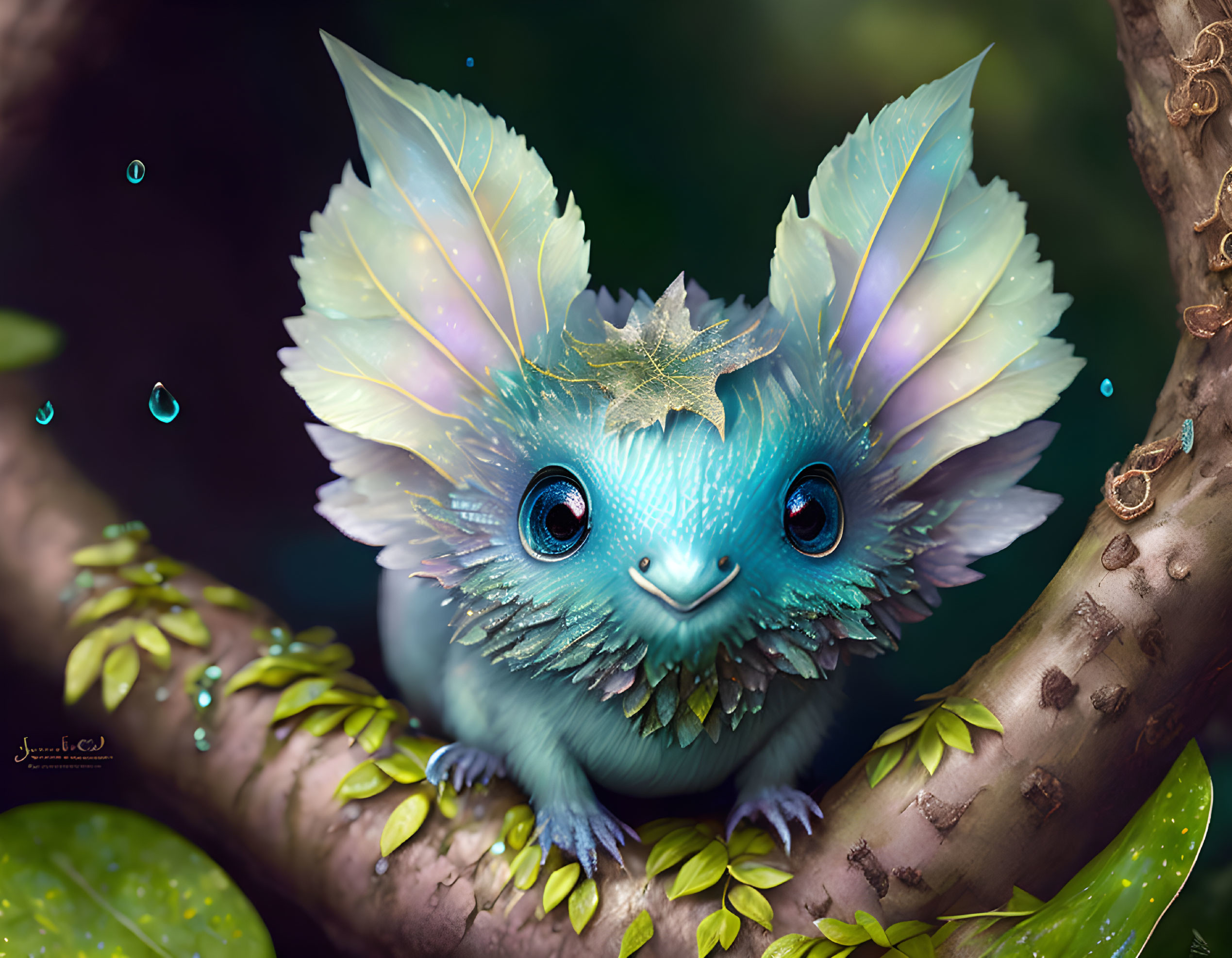 Blue whimsical creature with large eyes, leaf-like ears, and feathered wings perched on a