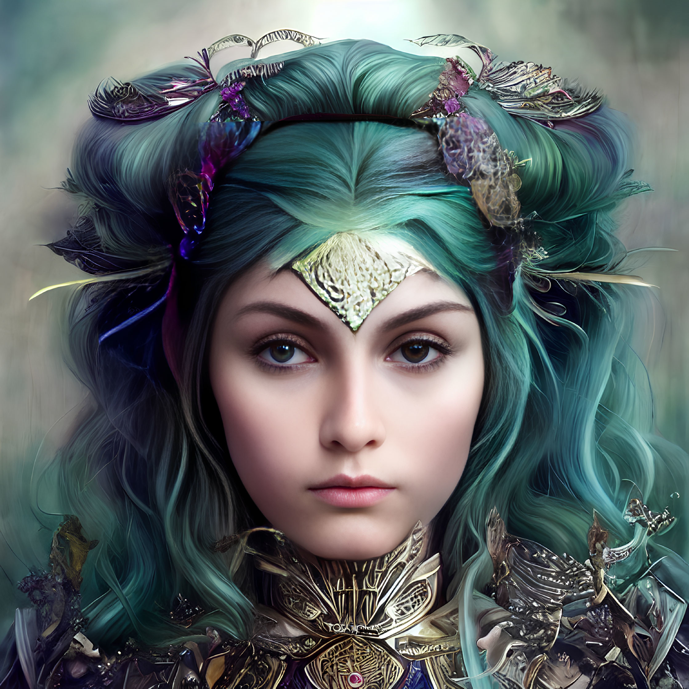 Fantastical digital artwork of woman with turquoise hair and golden headpiece.