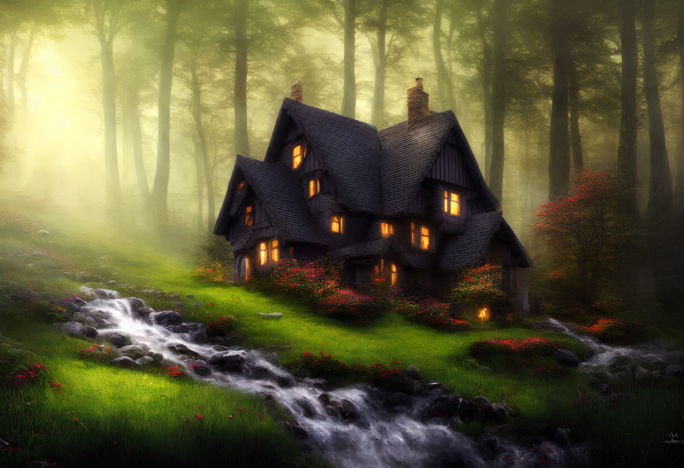 Enchanted forest scene: Quaint cottage, flowing stream, and soft sunlight