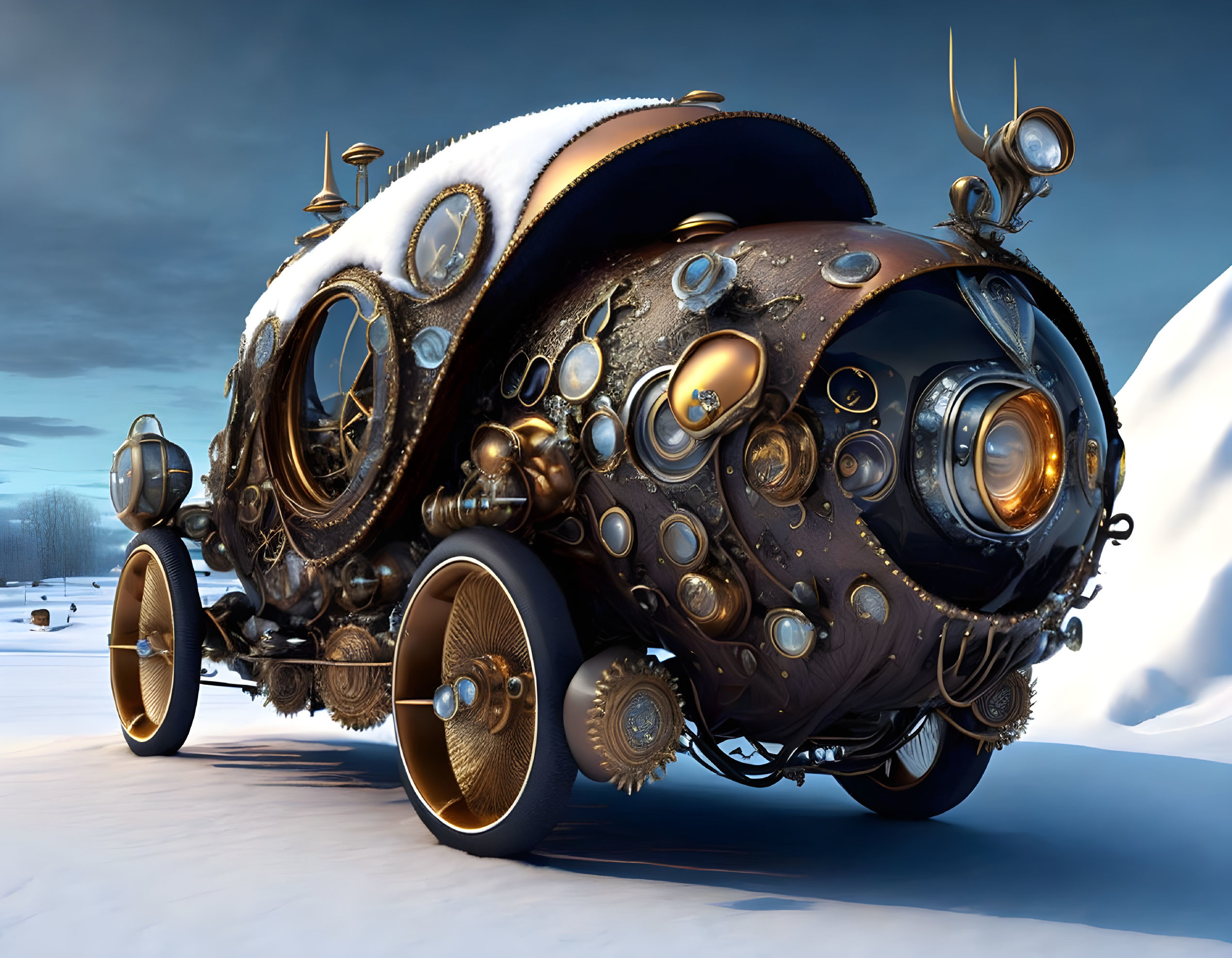 Steampunk-themed futuristic vehicle with brass gears and circular hatches in snowscape