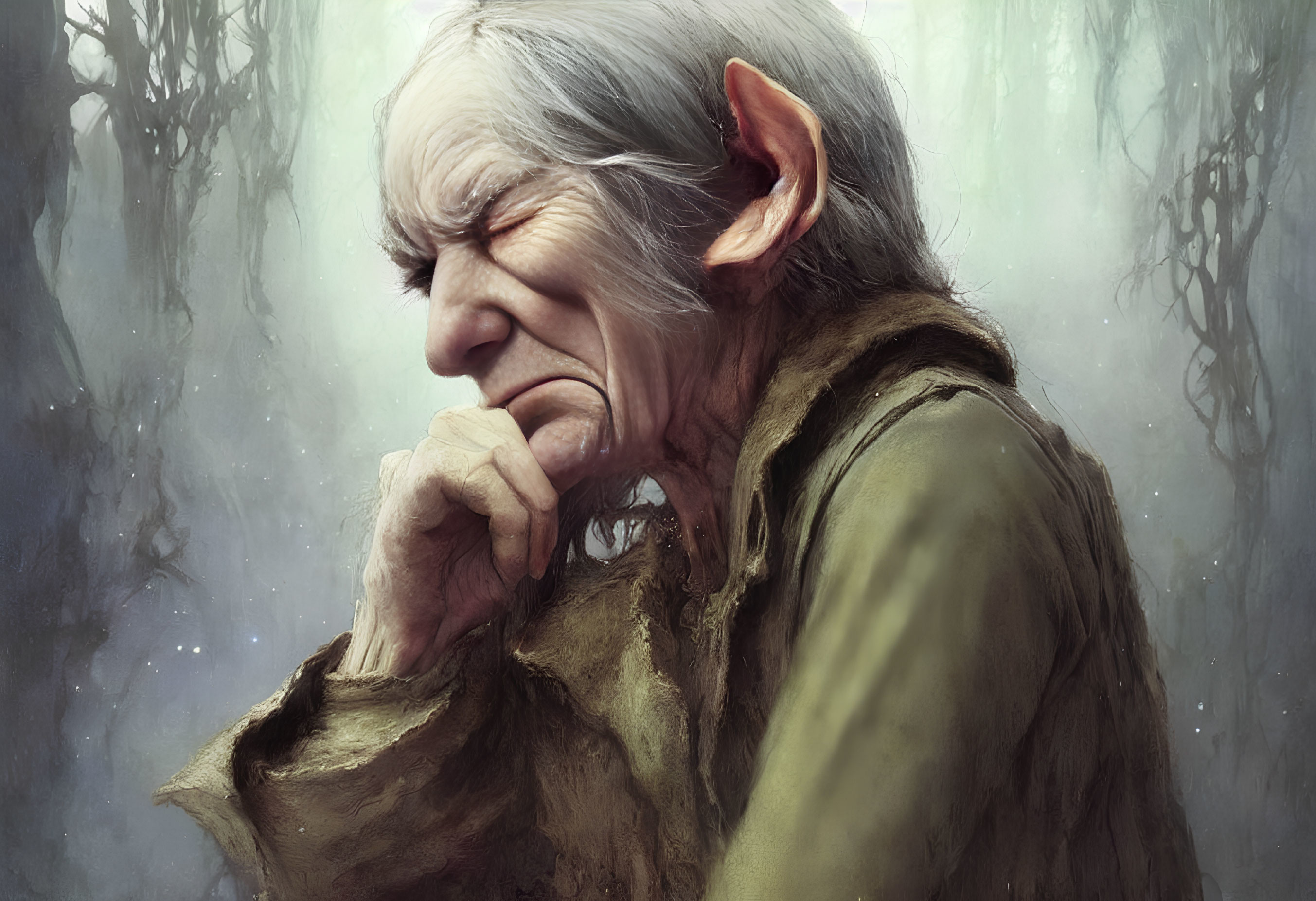 Elderly fantasy character with pointed ears in misty forest