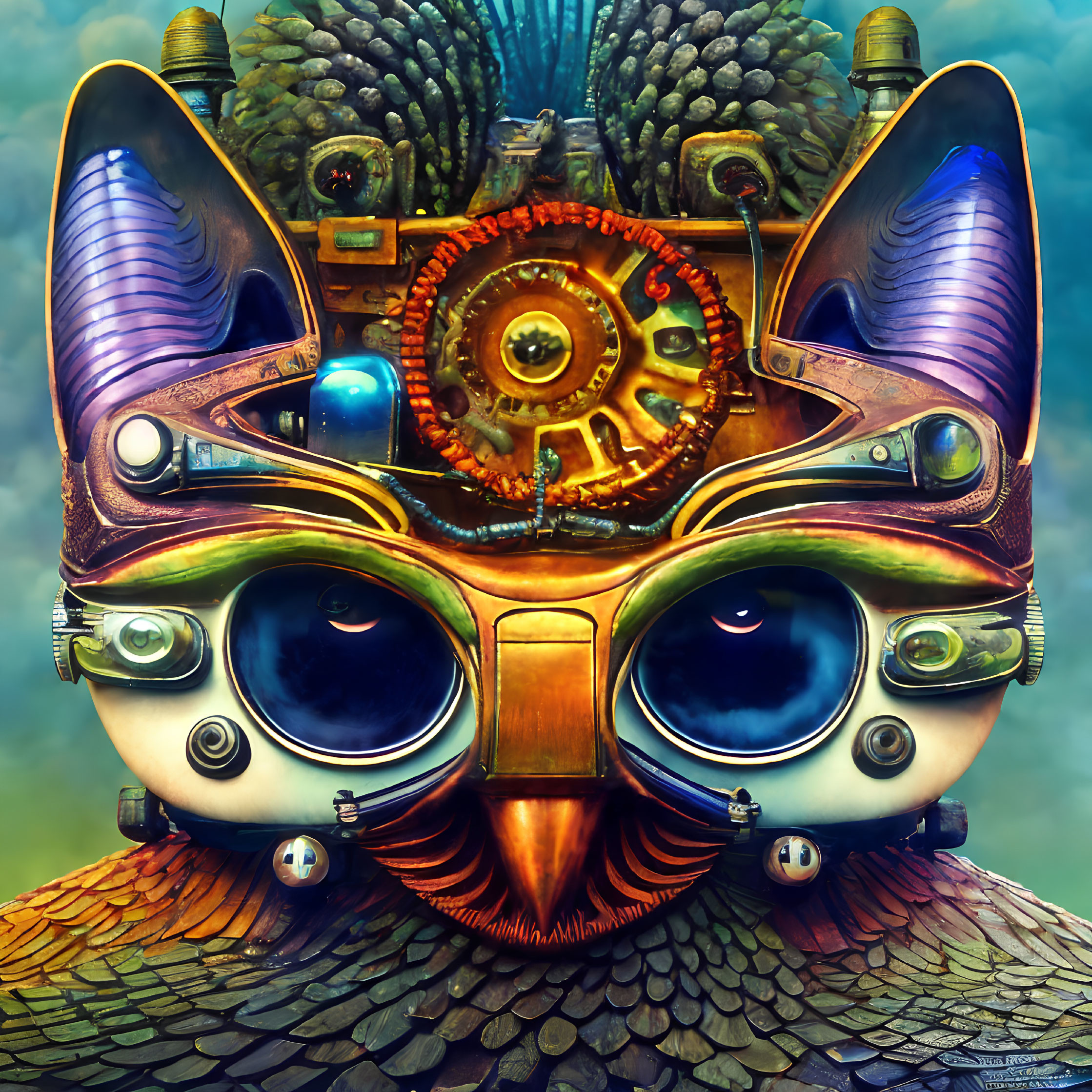 Steampunk-style digital artwork of a cat mask with metallic feathers and blue eyes