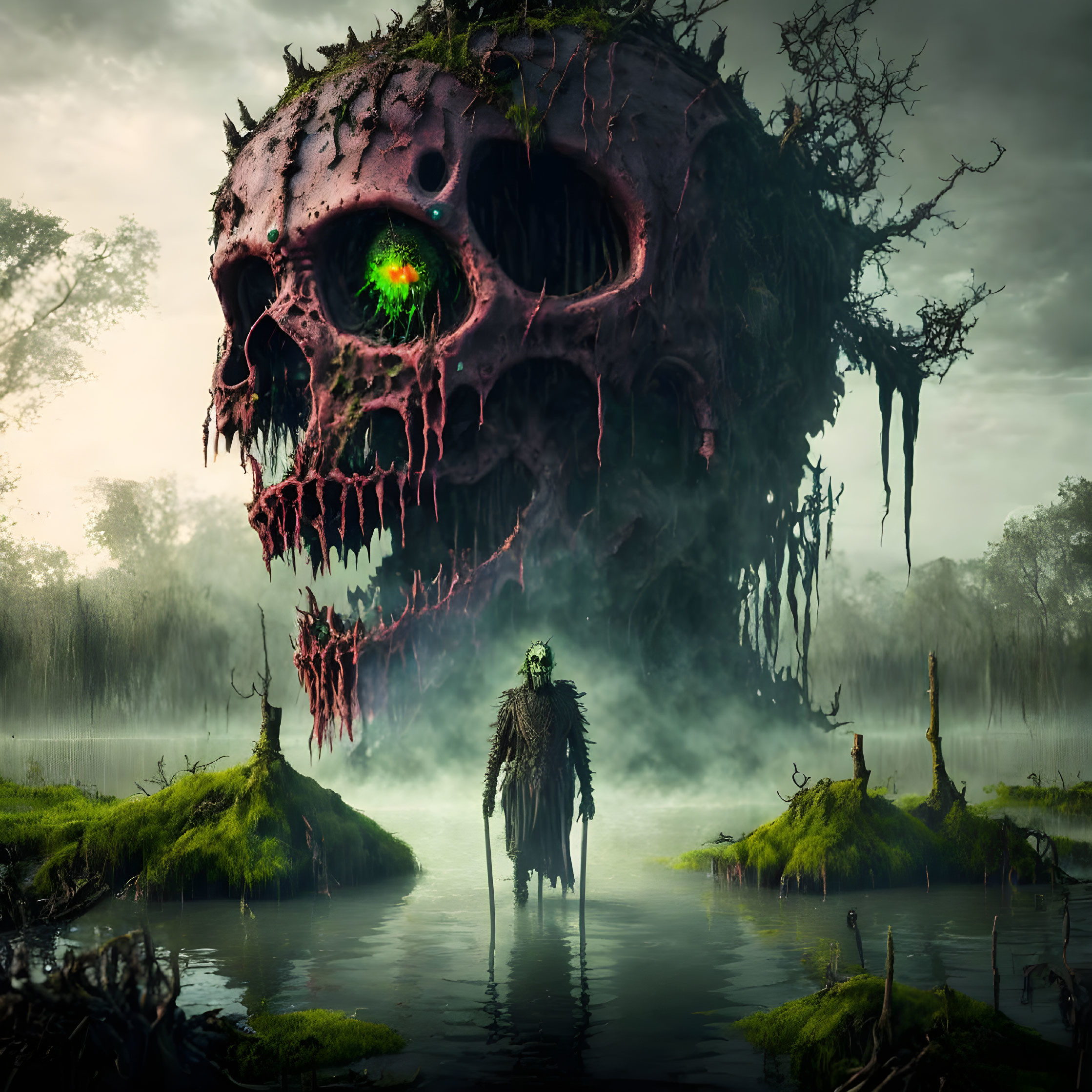 Giant Skull Floating Above Misty Swamp with Cloaked Figure