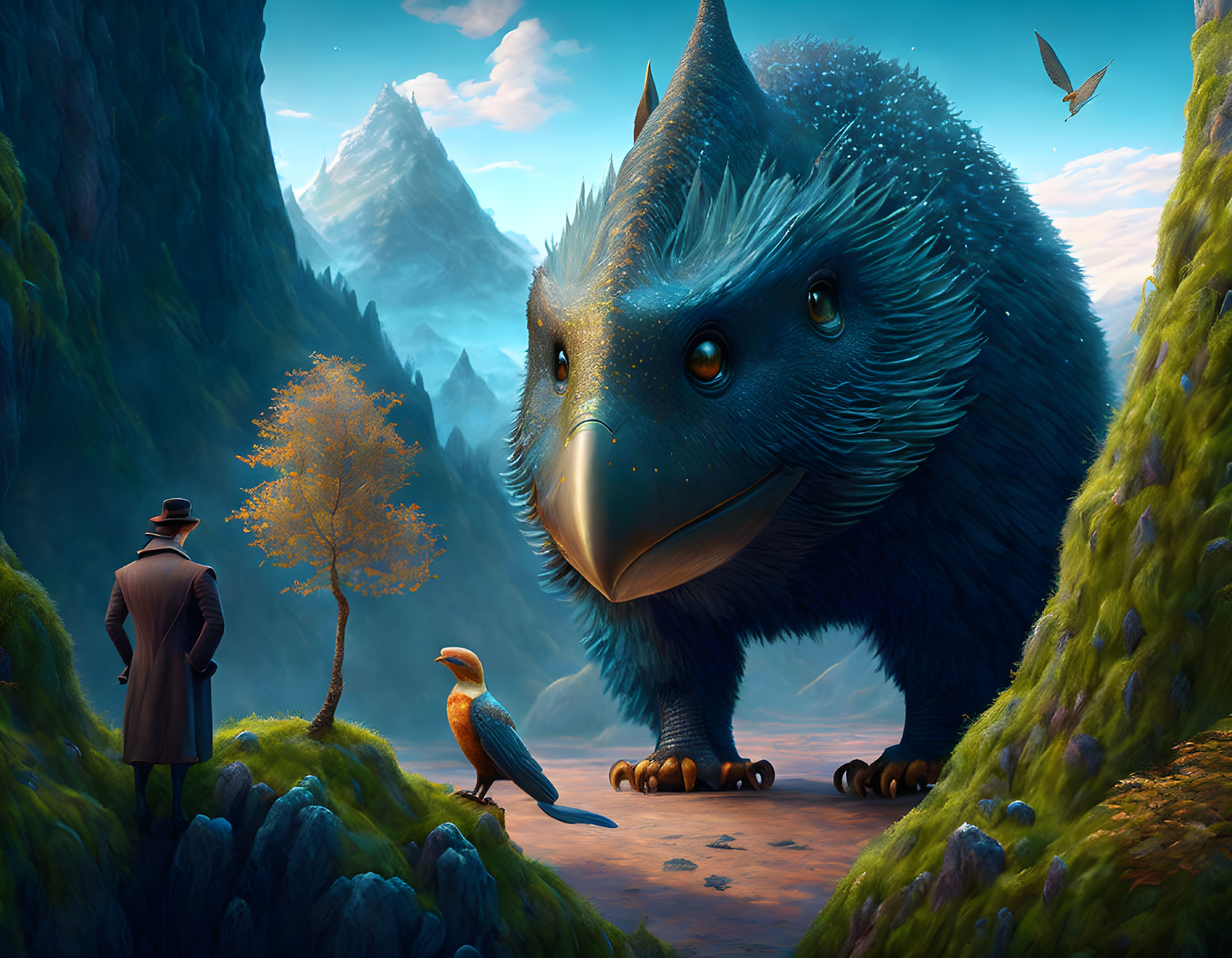 Person meets whimsical creature in mountain landscape with bird