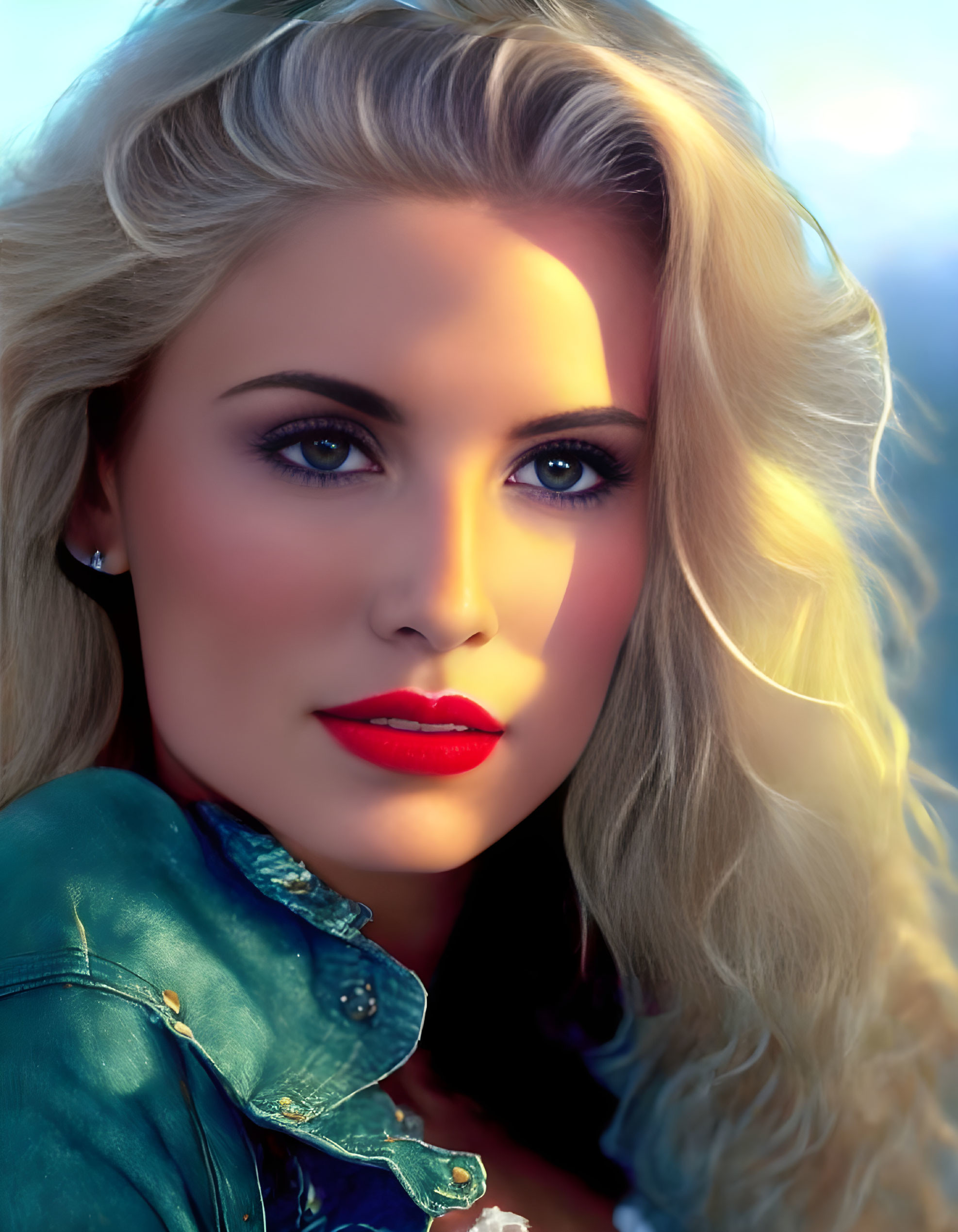 Blond Woman with Red Lipstick and Denim Jacket in Soft Backlight