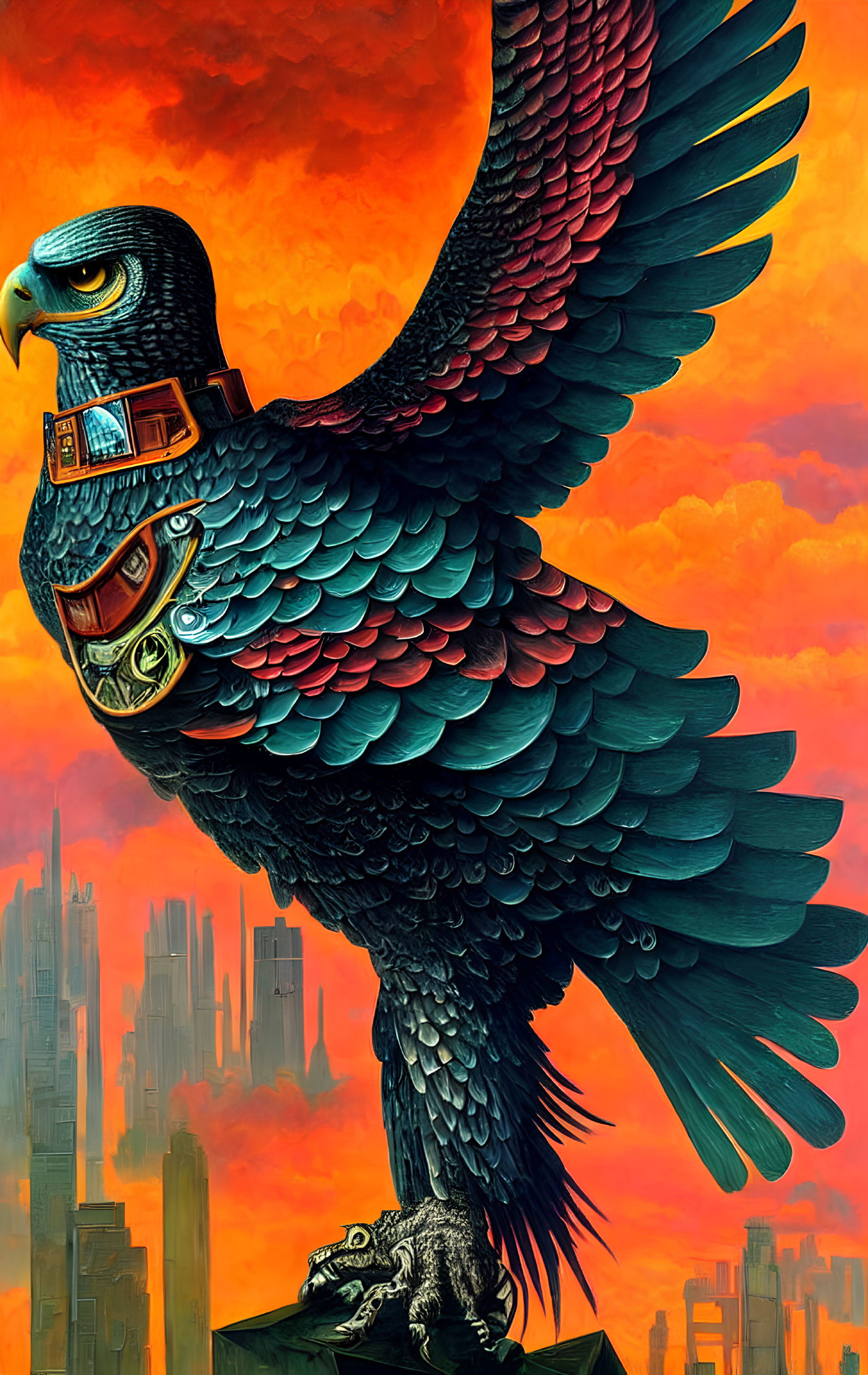 Detailed cybernetic eagle illustration against orange futuristic sky