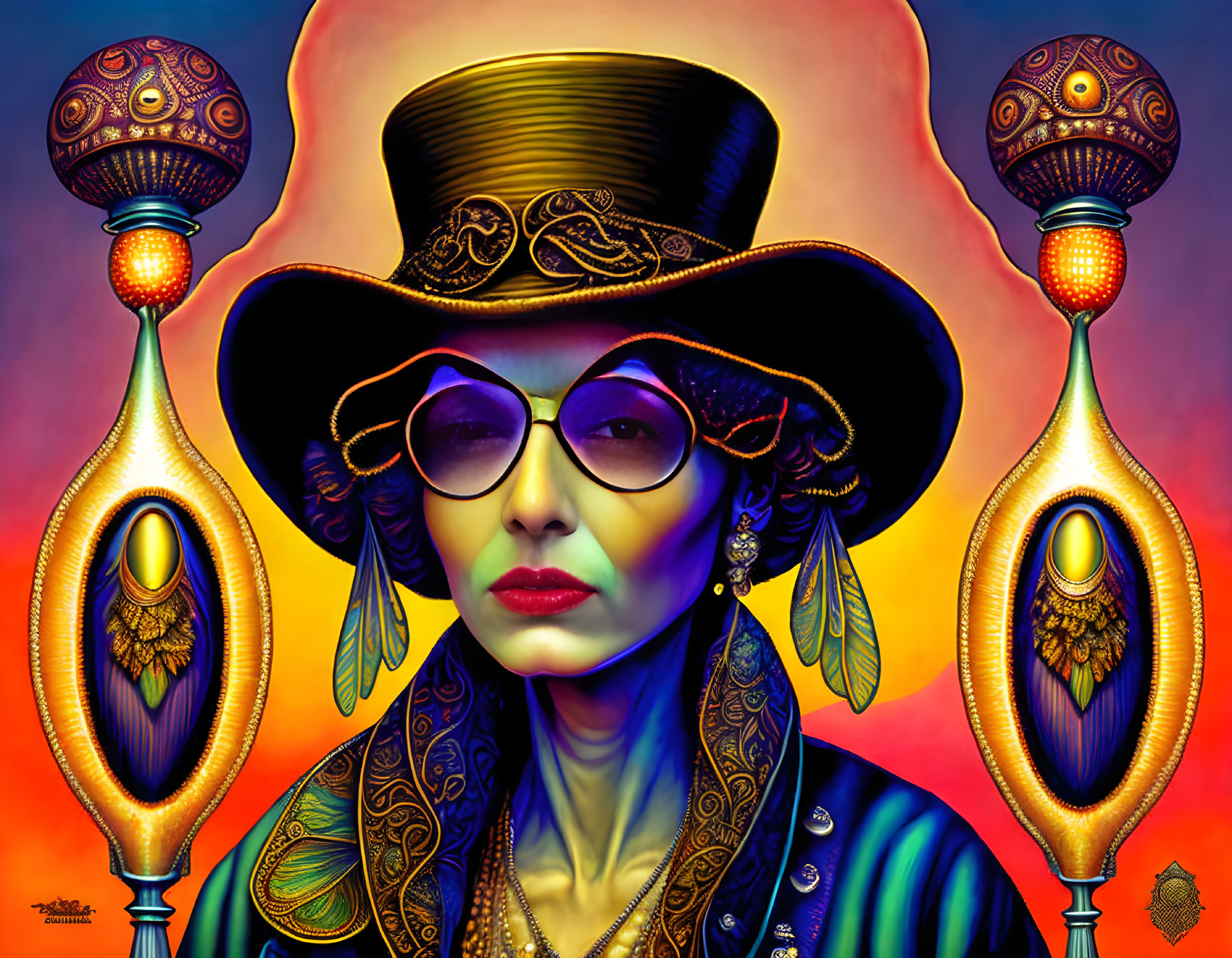 Stylized woman in top hat and sunglasses against vibrant backdrop