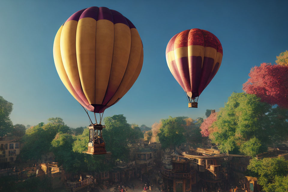 Colorful hot air balloons over idyllic village and trees in daylight