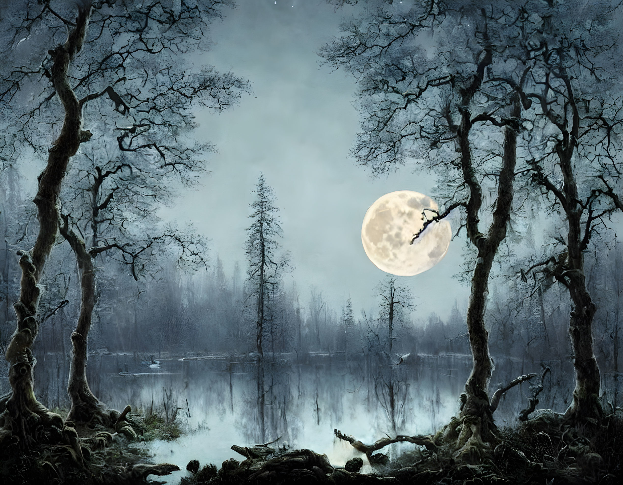 Full Moon Illuminates Foggy Forest and Serene Water