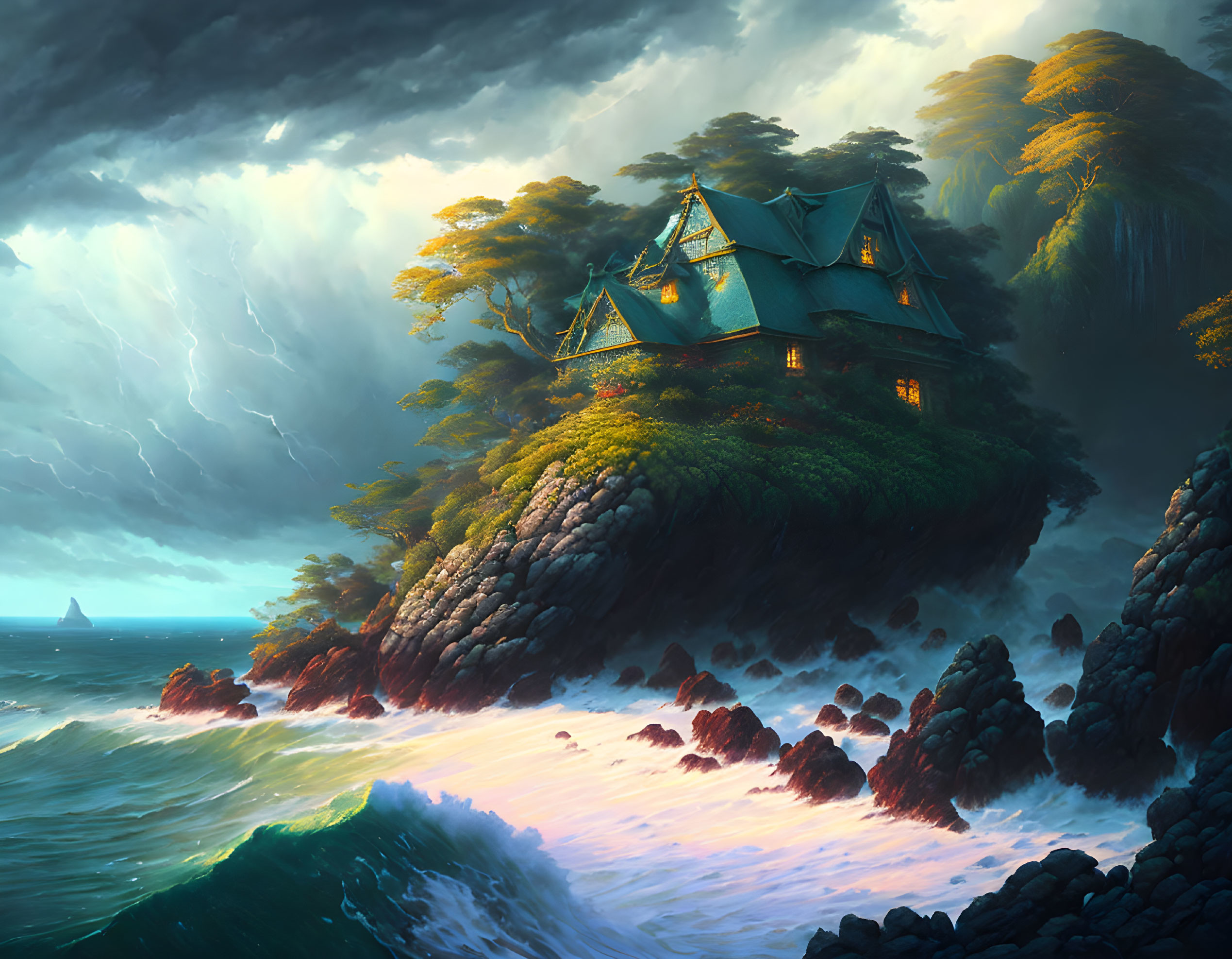 Cliffside house overlooking stormy seas and sunlight