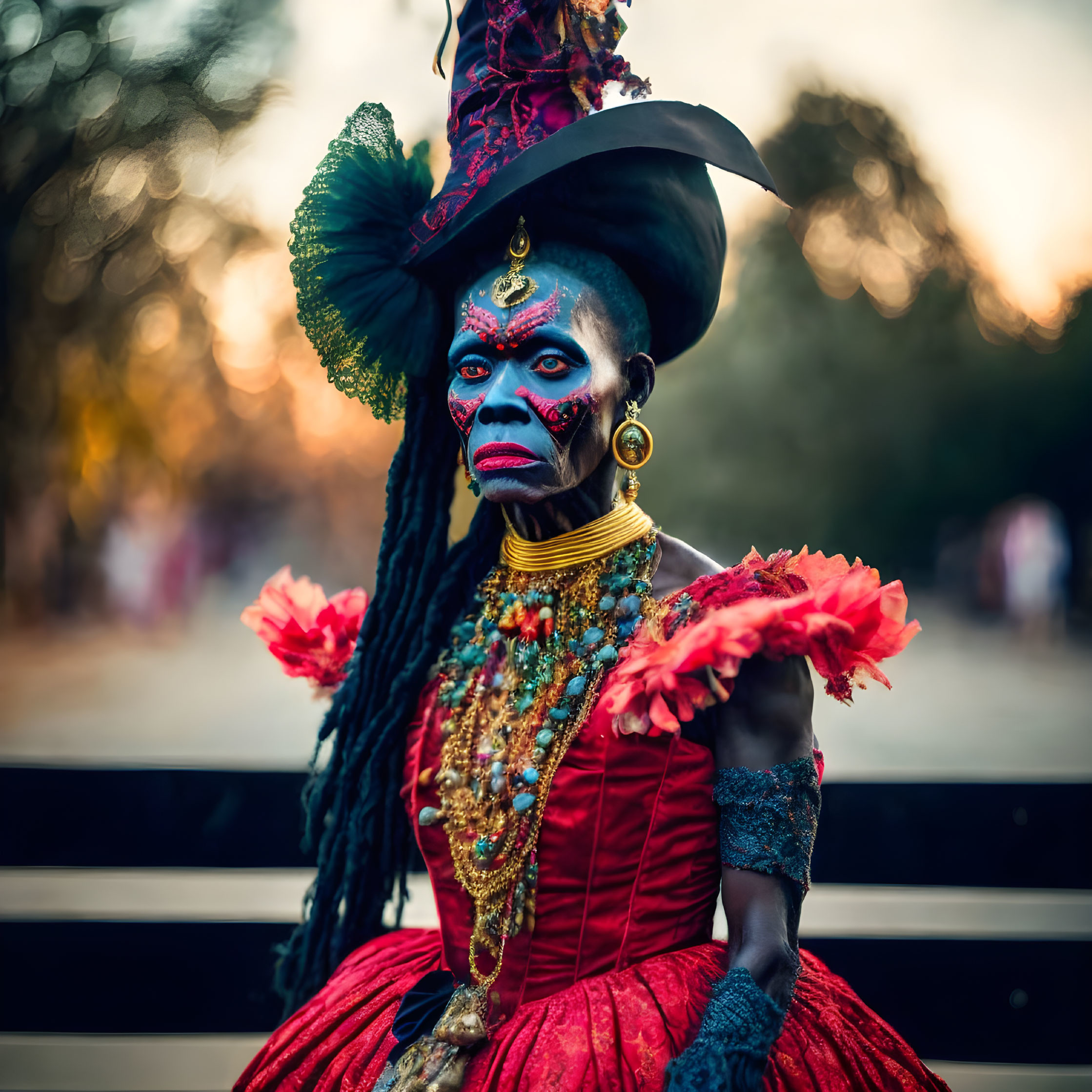 Elaborate Dark Makeup with Red and Black Costume and Decorative Hat