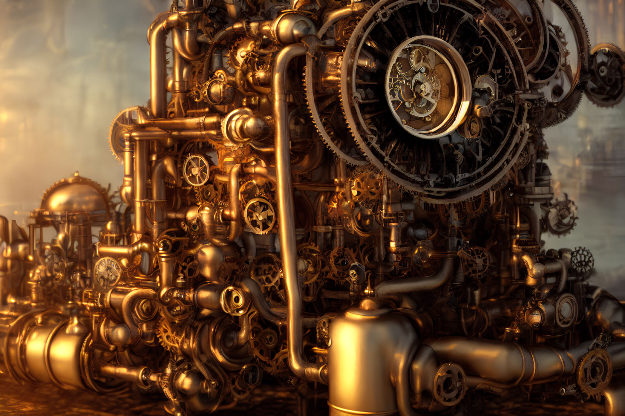 Detailed steampunk machinery with gears, pipes, and metallic structures in warm golden light