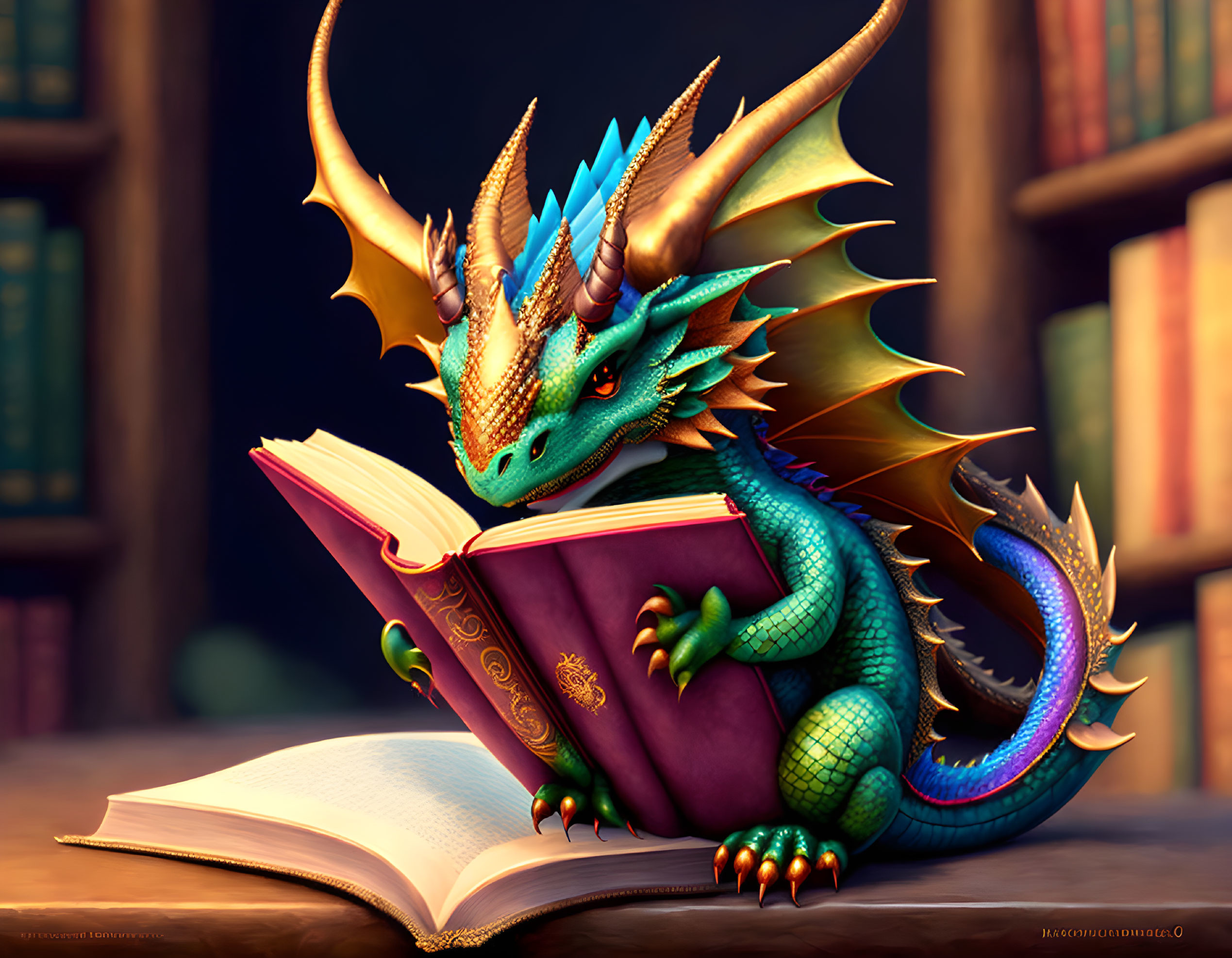 Colorful Dragon Reading Book in Library