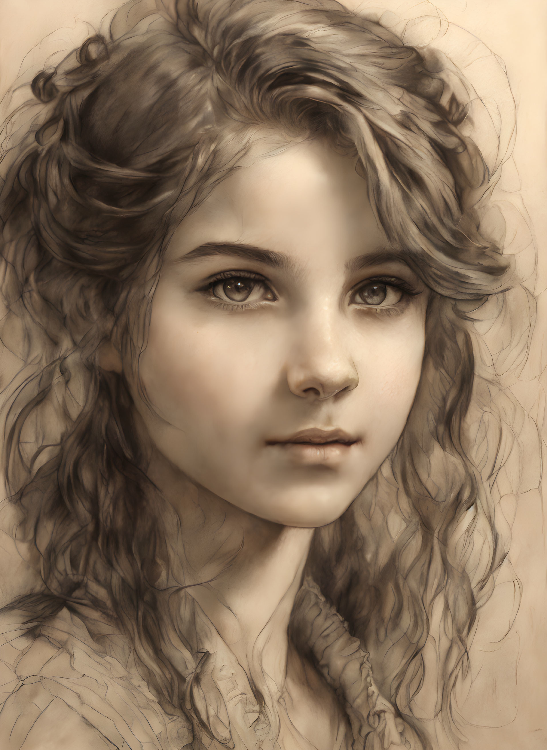 Sepia-Toned Sketch: Young Woman with Curly Hair and Expressive Eyes