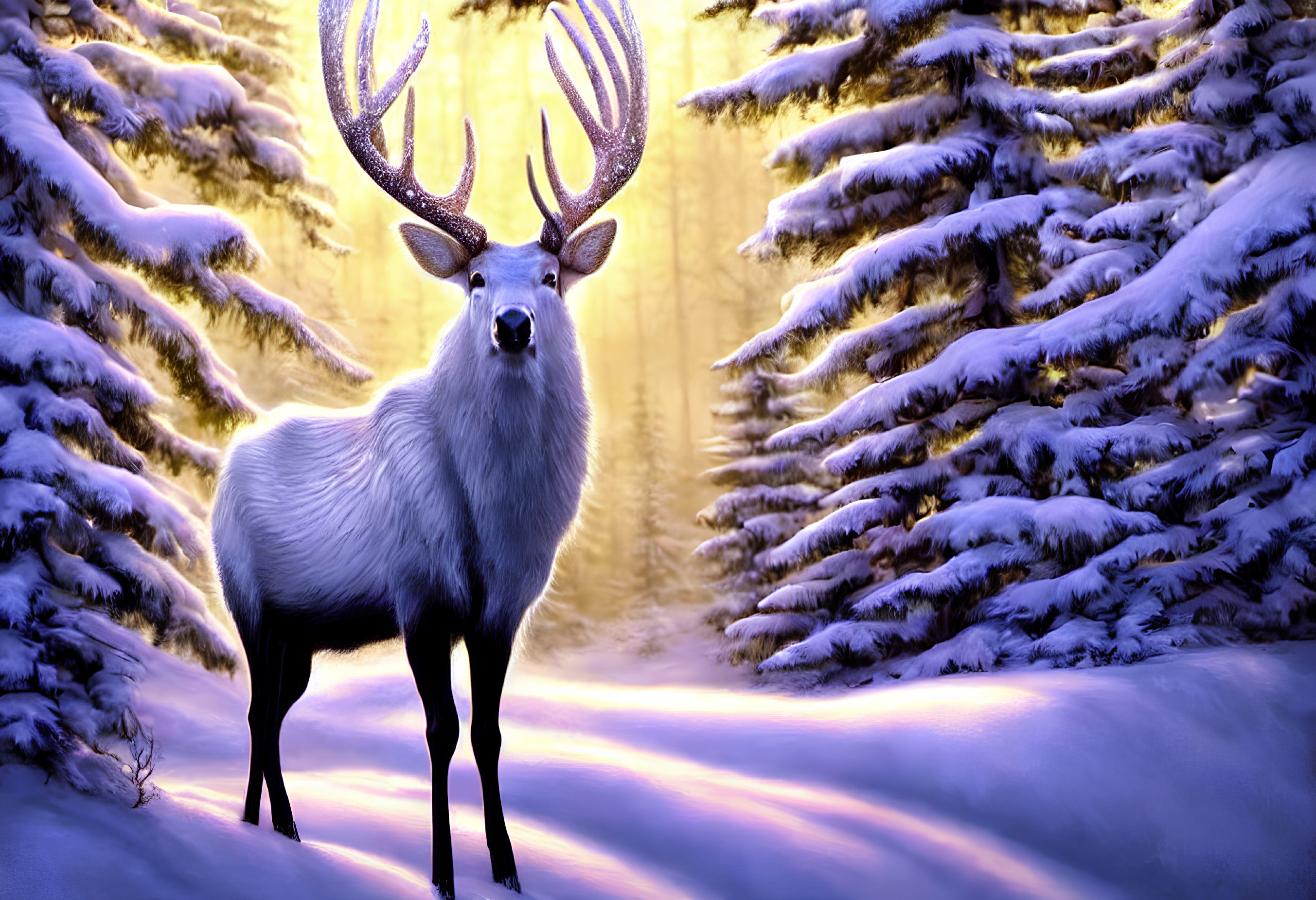 White stag in snow-covered forest with sunlight and purple hue