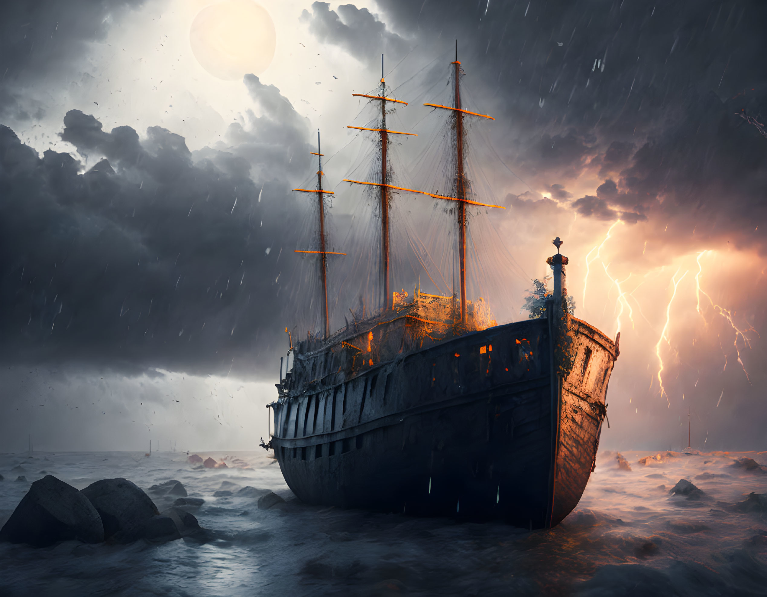 Shipwreck on beach under stormy sky with lightning bolts and turbulent sea waves.