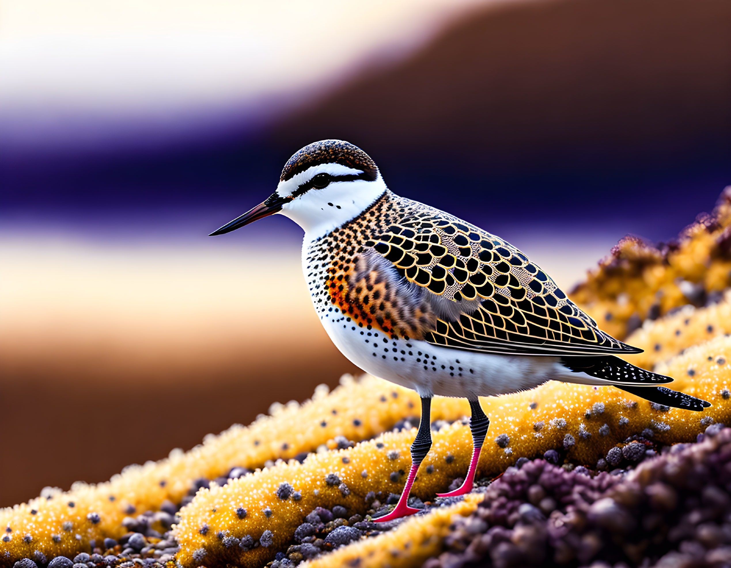 Colorful Sandpiper Perched on Mossy Rocks in Purple and Brown Setting