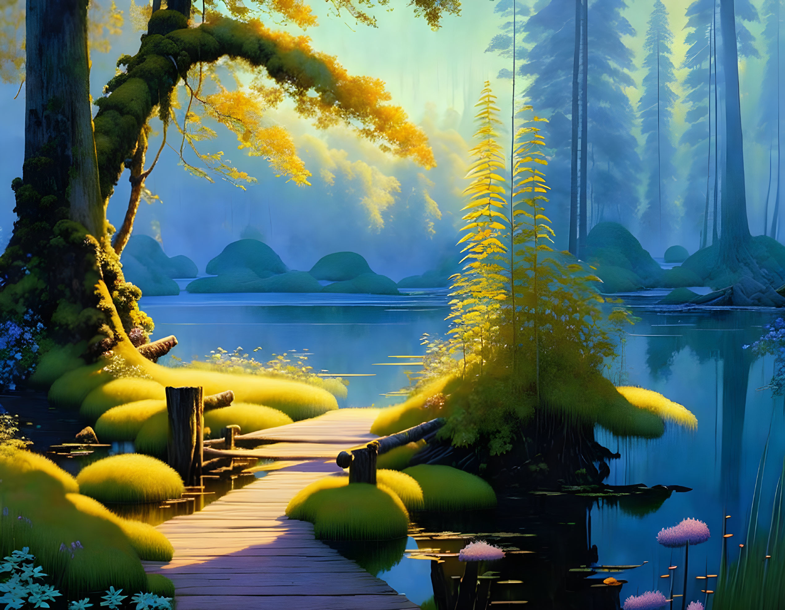 Tranquil forest scene with lake, footbridge, sunbeams, and lush vegetation