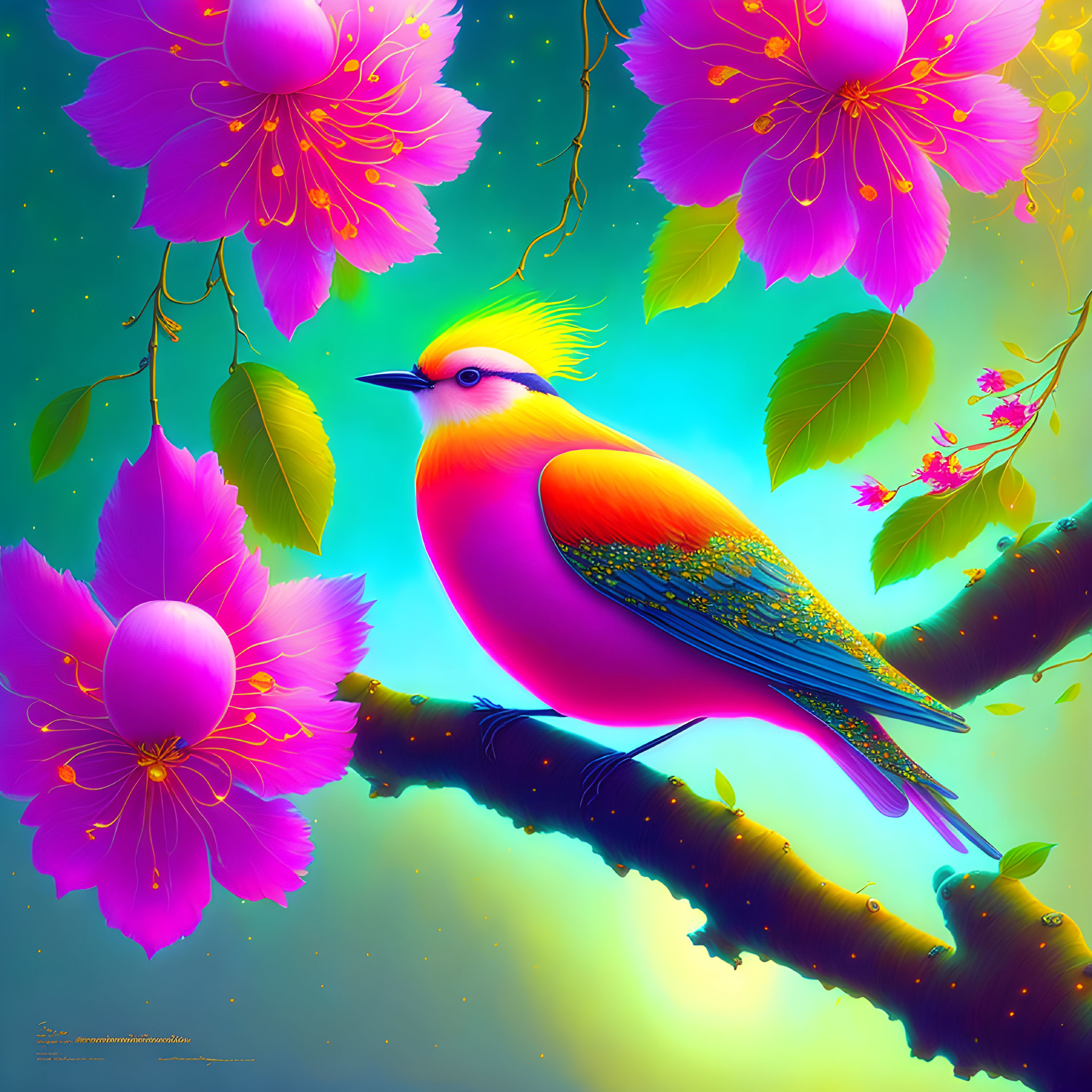 Colorful Bird Illustration Perched on Branch with Pink Flowers