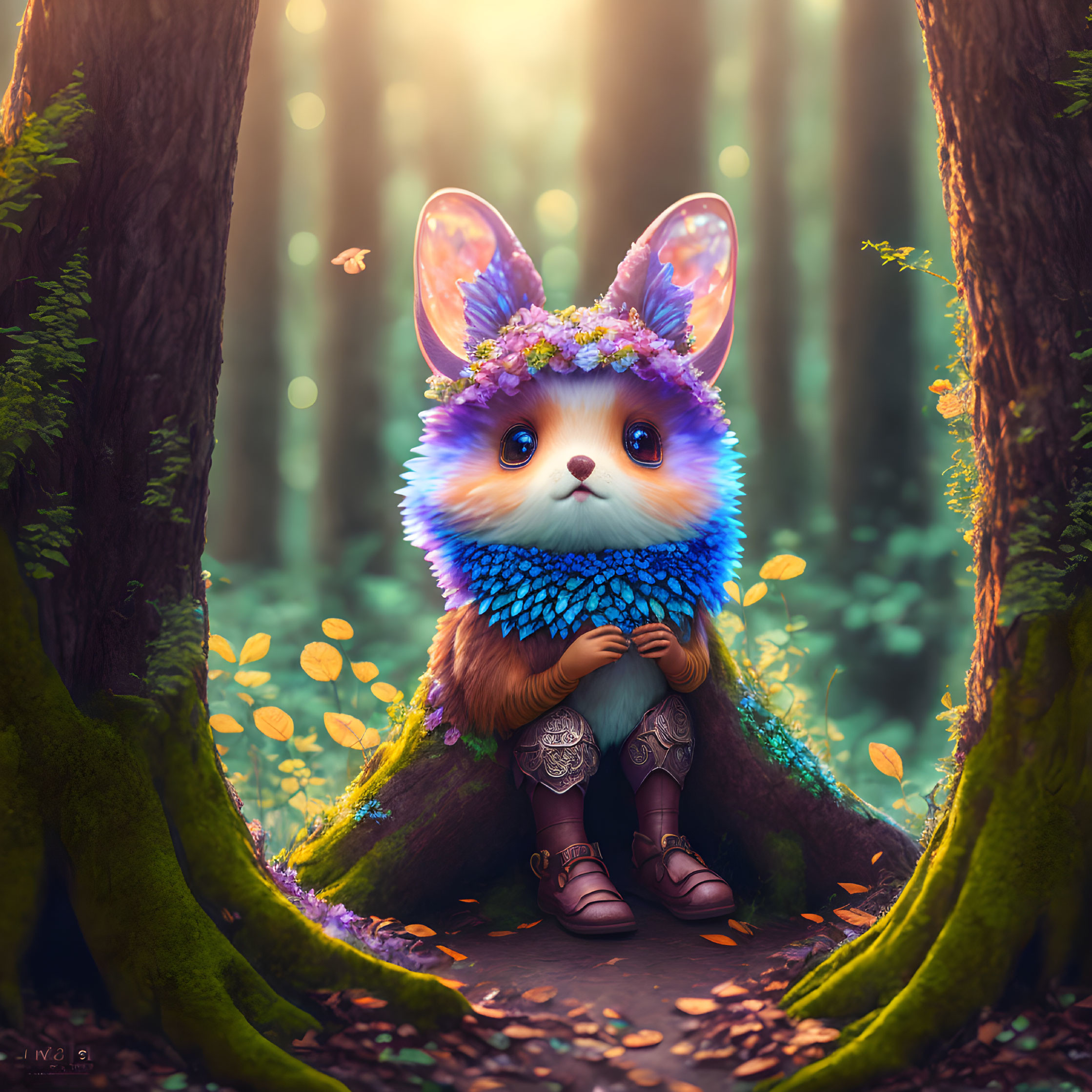 Illustration: Bunny with human-like features in blue scarf and boots by tree in enchanted forest