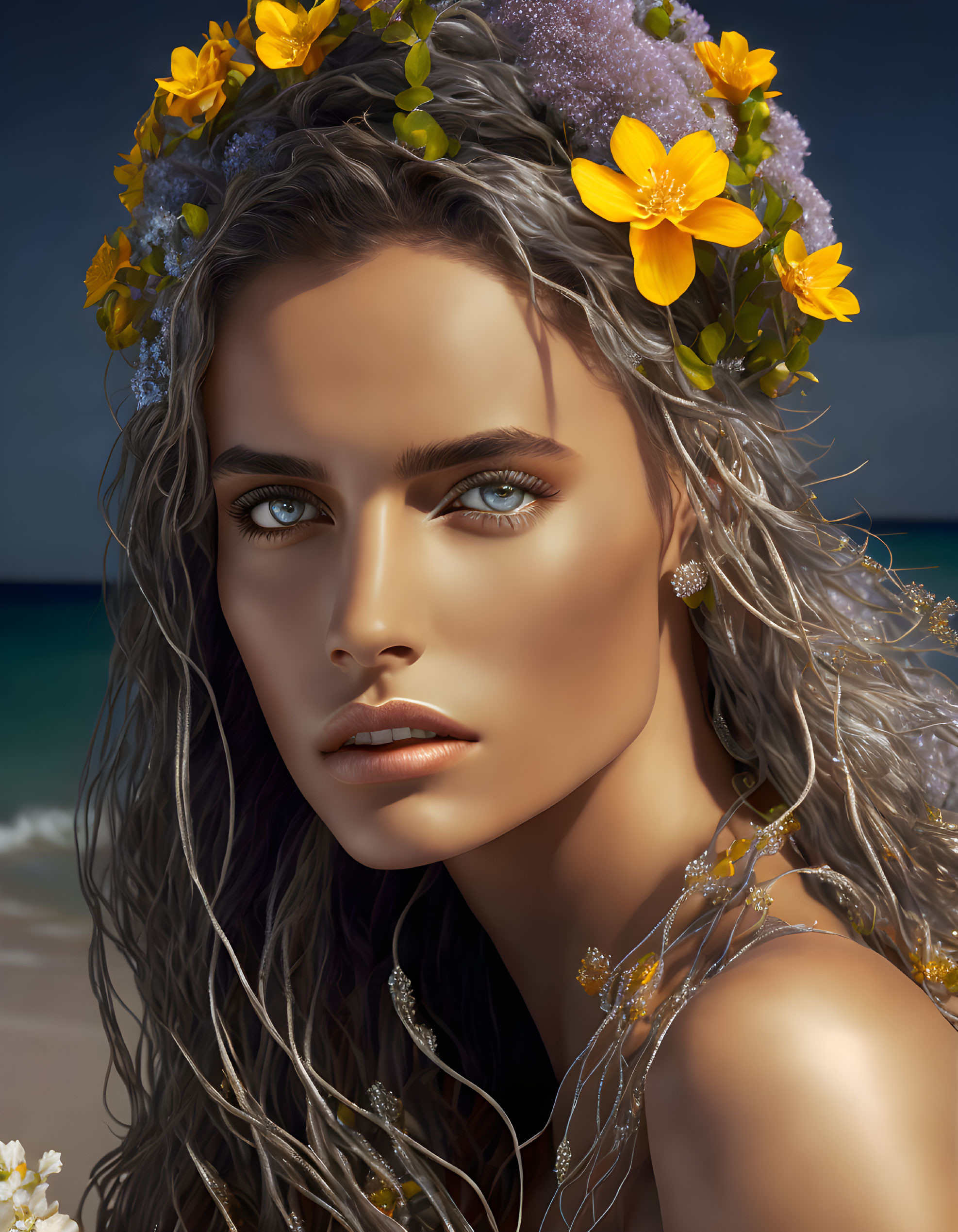 Detailed Digital Portrait: Woman with Floral Wreath, Vibrant Beach Backdrop