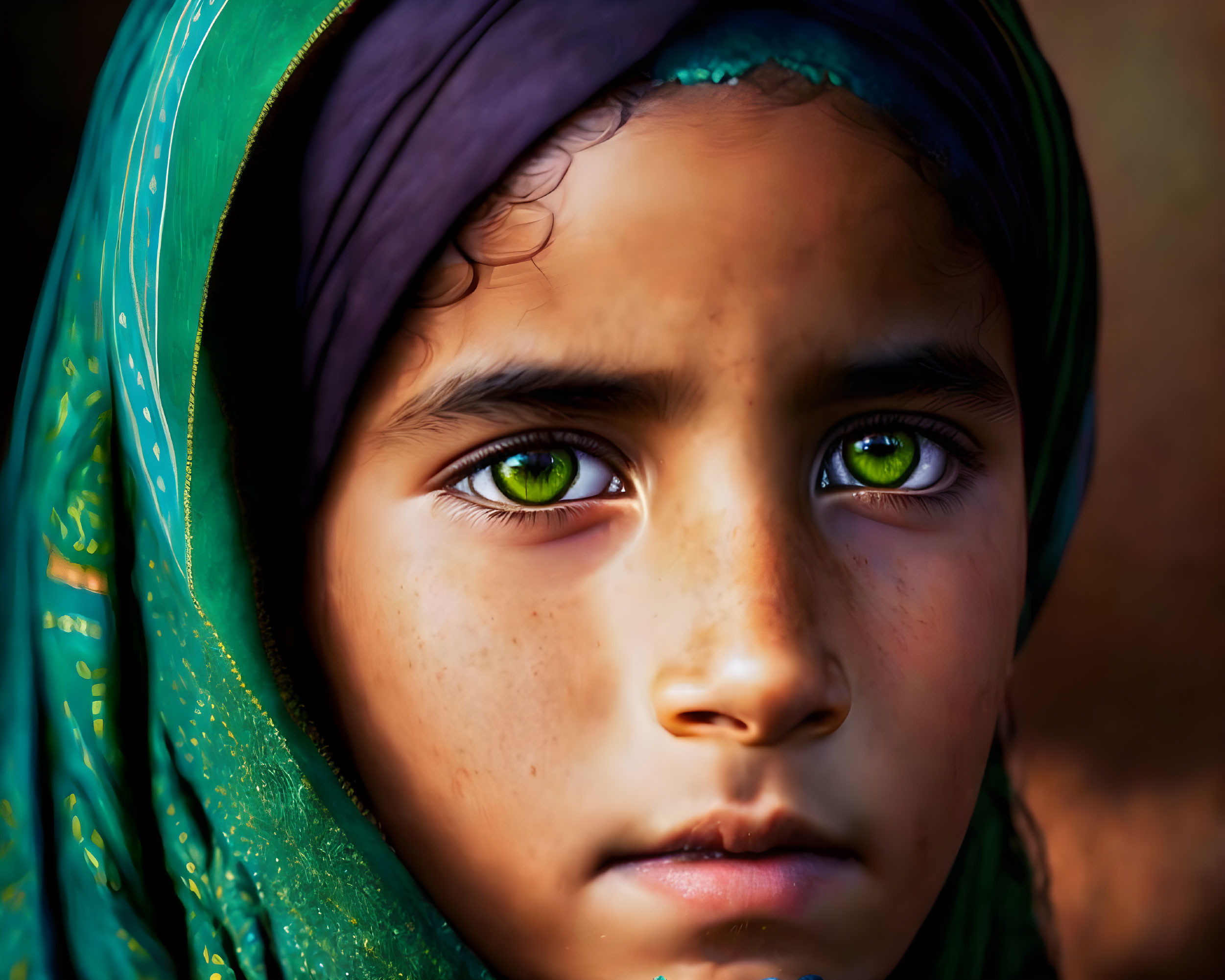 Young child with striking green eyes in vibrant headscarf.