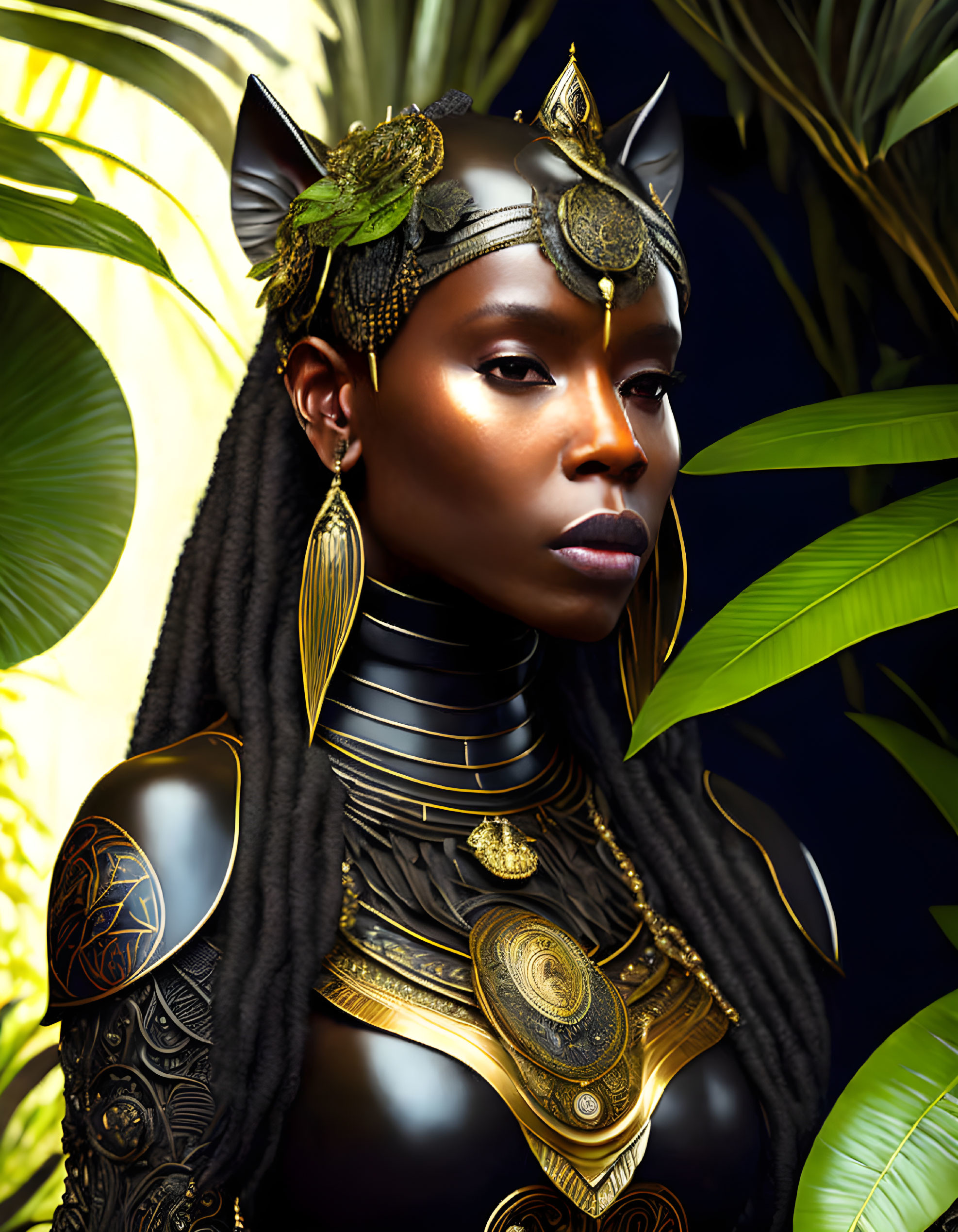 Feline-inspired golden armor woman in lush green setting