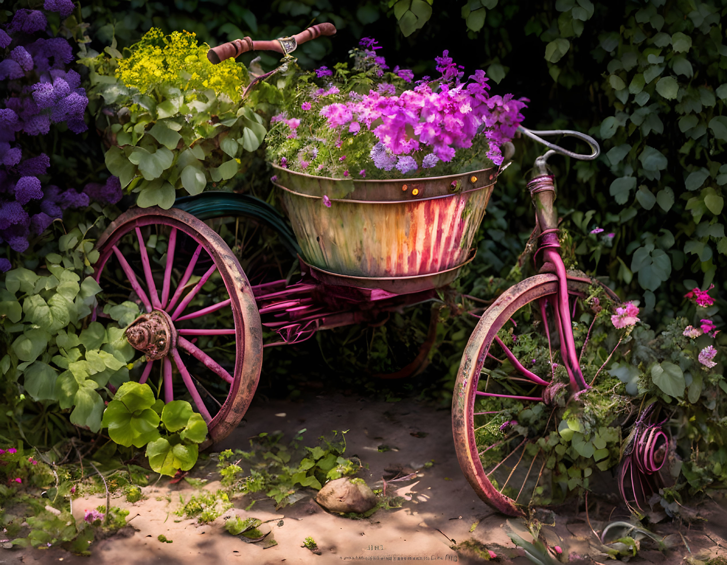 Vintage Maroon Tricycle with Rusty Basket and Purple Flowers in Garden