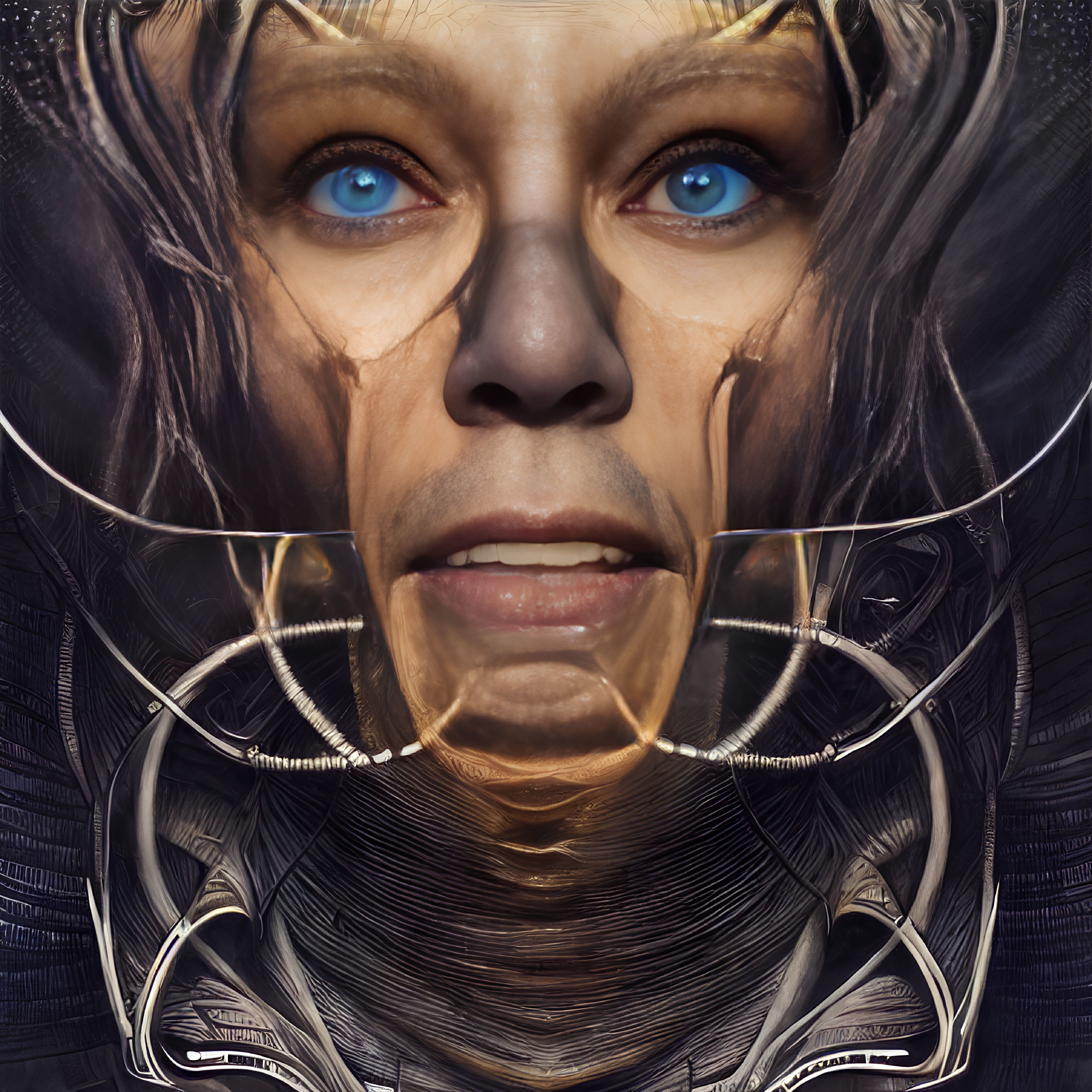 Detailed Close-Up: Futuristic Female Face with Striking Blue Eyes and Mechanical Details