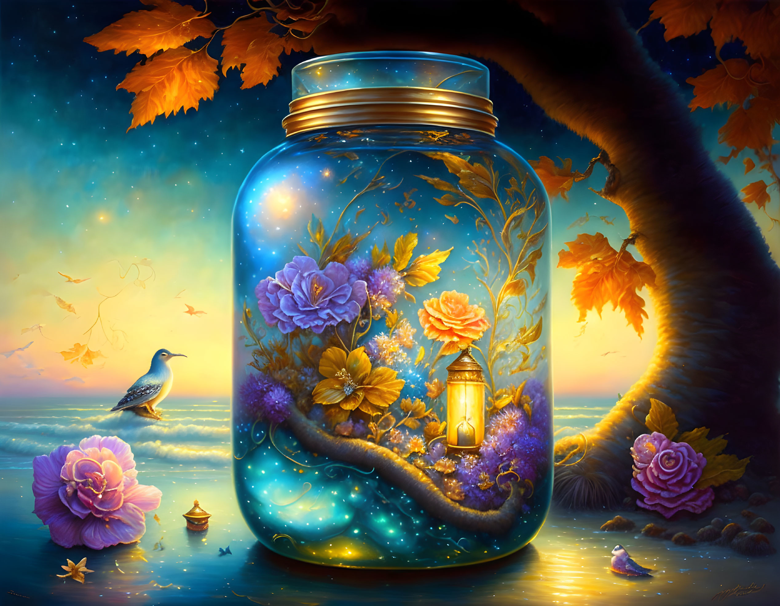 Whimsical glowing jar in nature with starry night scene