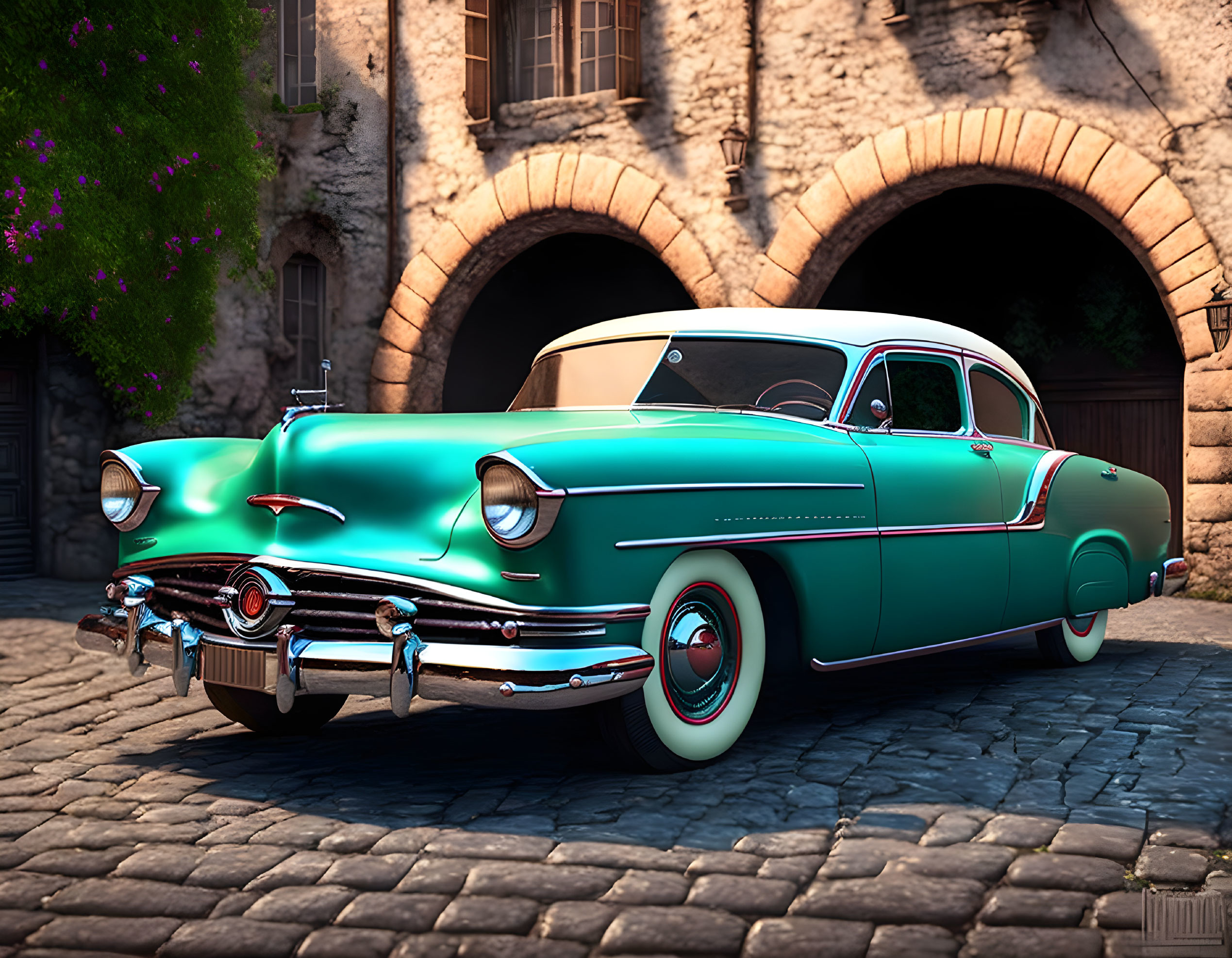 Vintage teal car parked on cobblestone with arched doorways and ivy.