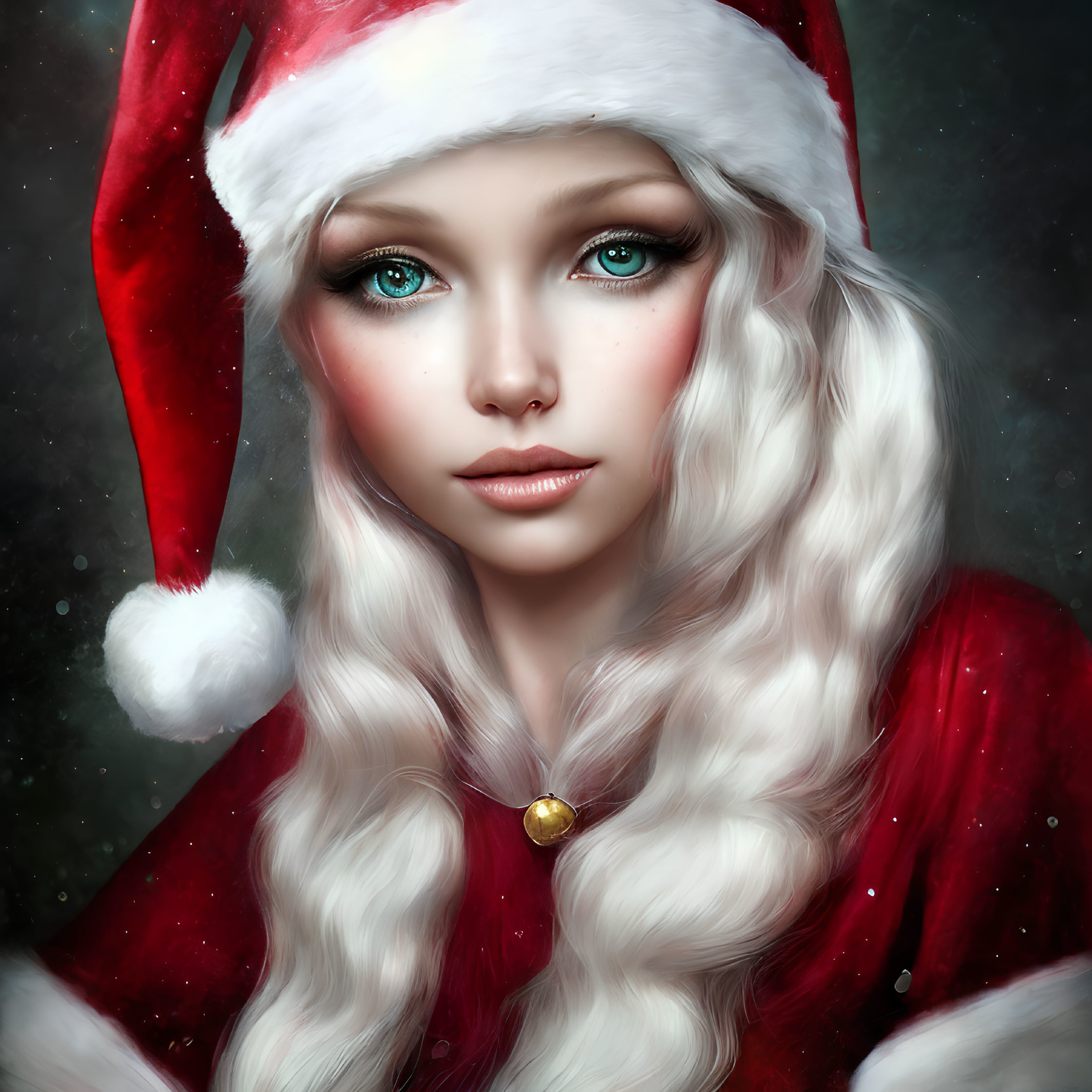 Digital illustration of young woman with blue eyes in Santa hat & red cloak with white fur trim, ex