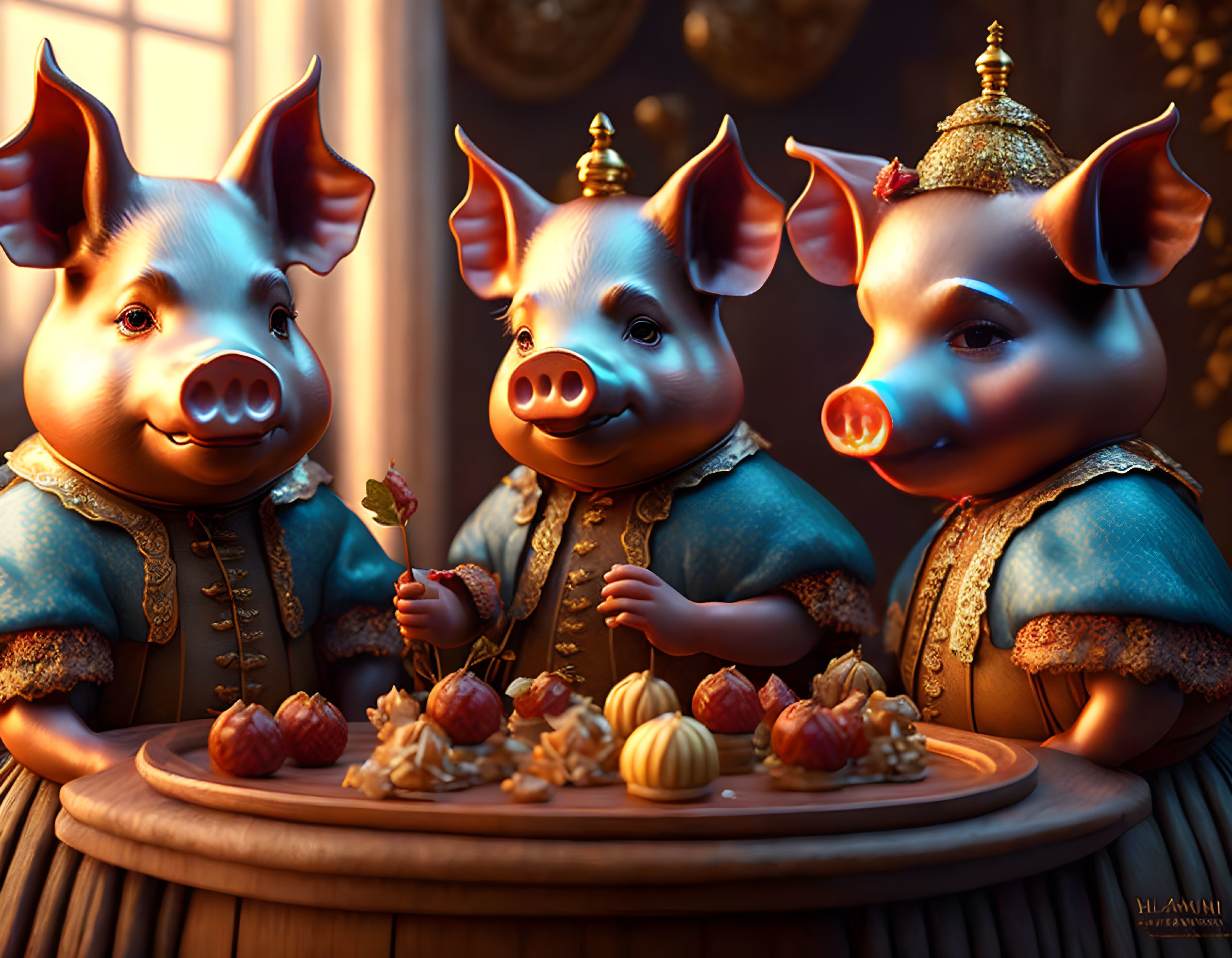 Regal anthropomorphic pigs with fruits in warm light