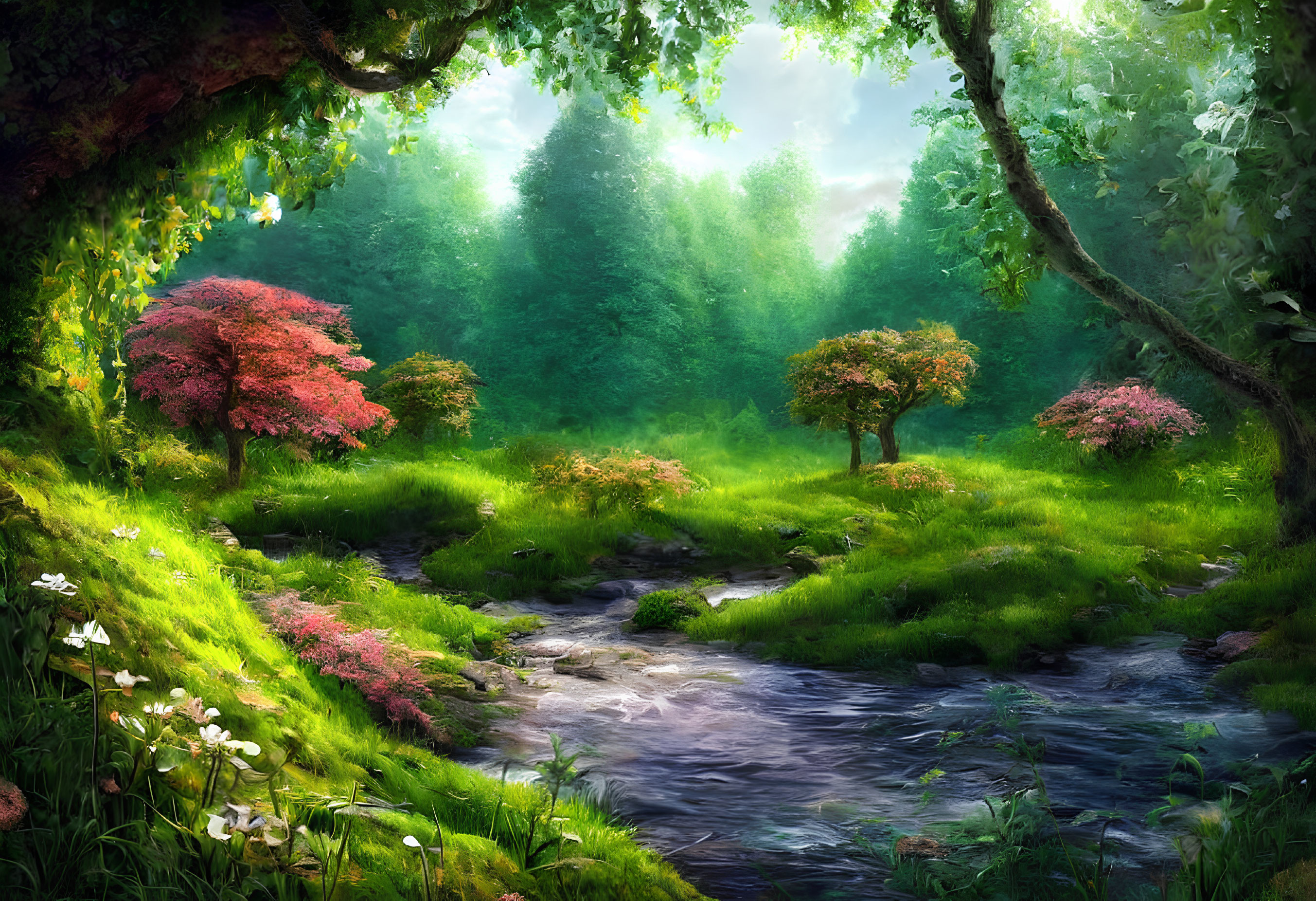 Tranquil stream in lush green forest with vibrant flora