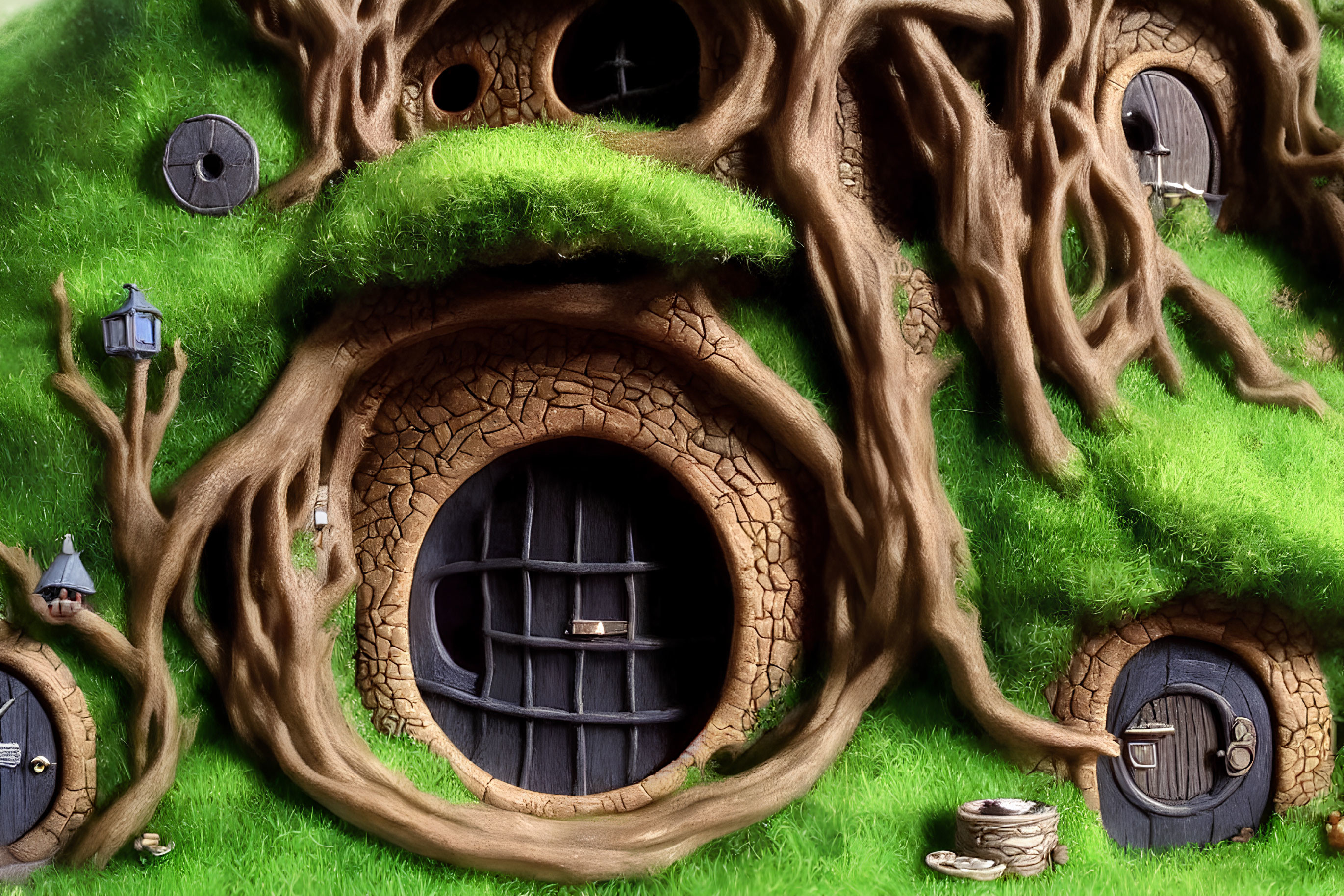 Fantasy tree illustration with round doors and windows covered in green moss