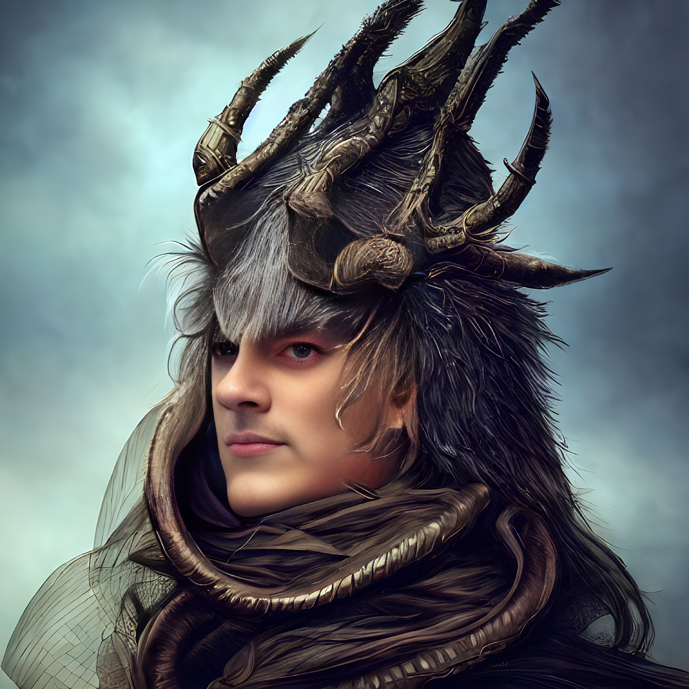 Illustration of person with red eyes in horned helmet and fur, showing intense expression