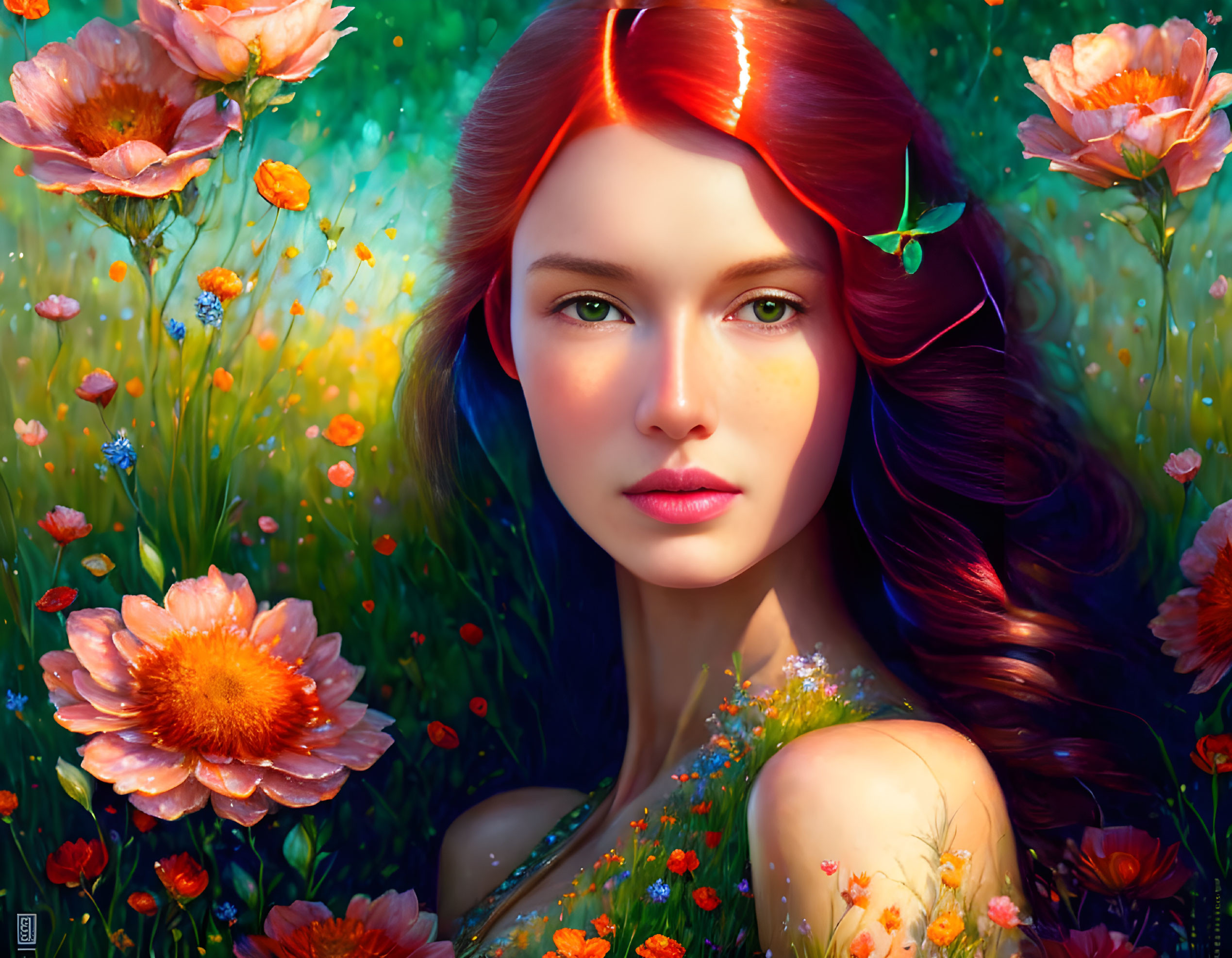 Vibrant digital painting of woman with red hair in colorful meadow