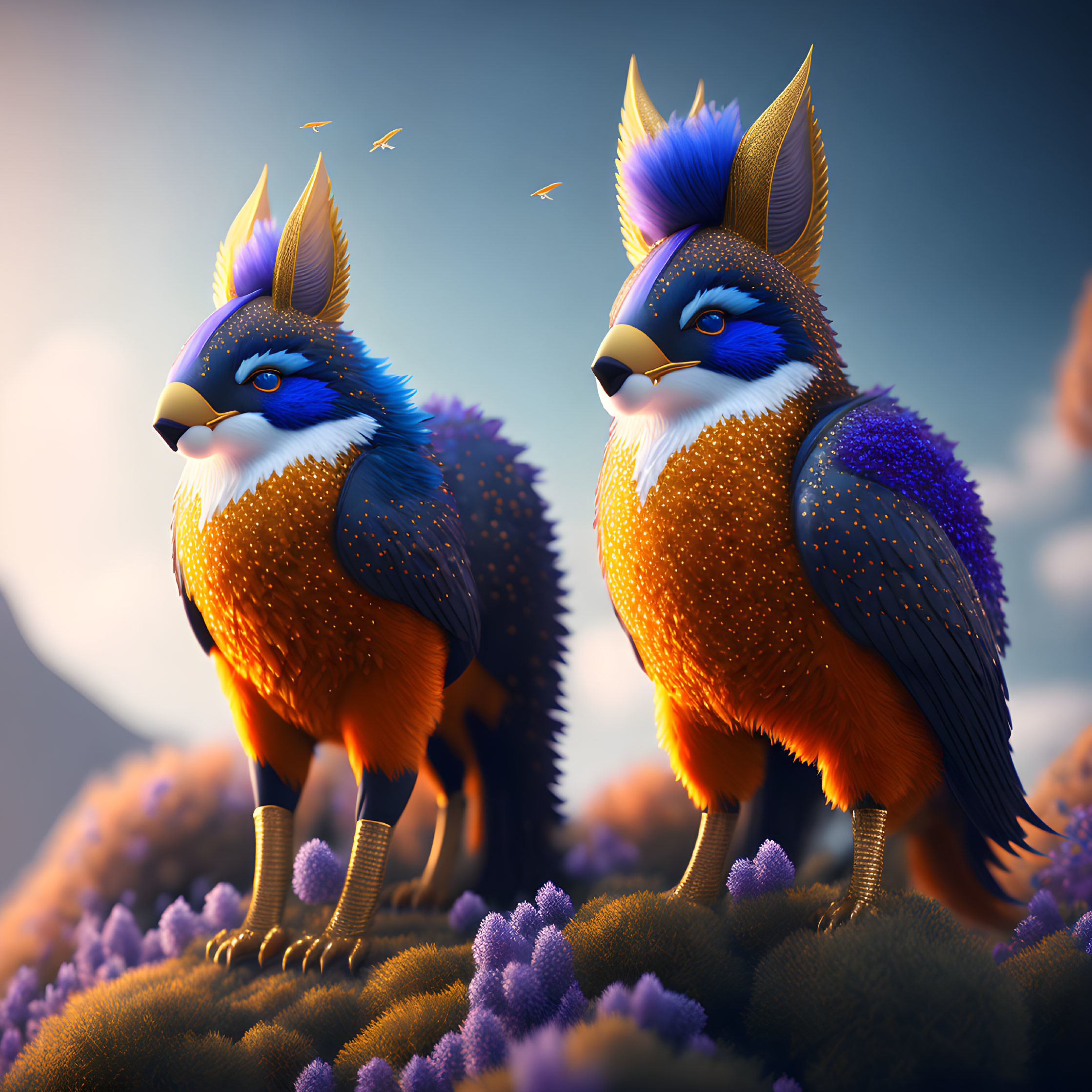 Colorful Stylized Foxes in Fantasy Landscape with Purple Flora