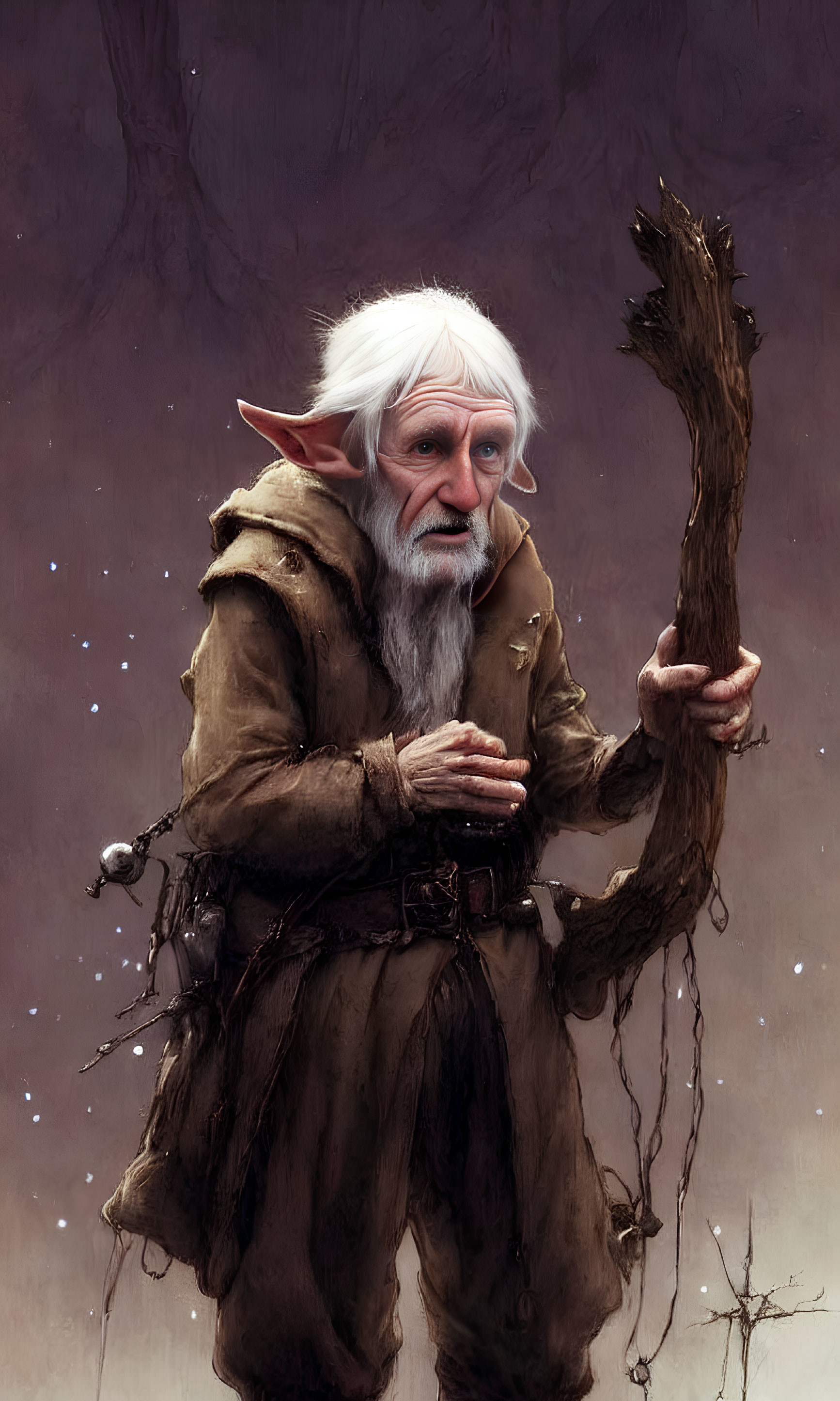 Elderly fantasy character with pointed ears in brown robe