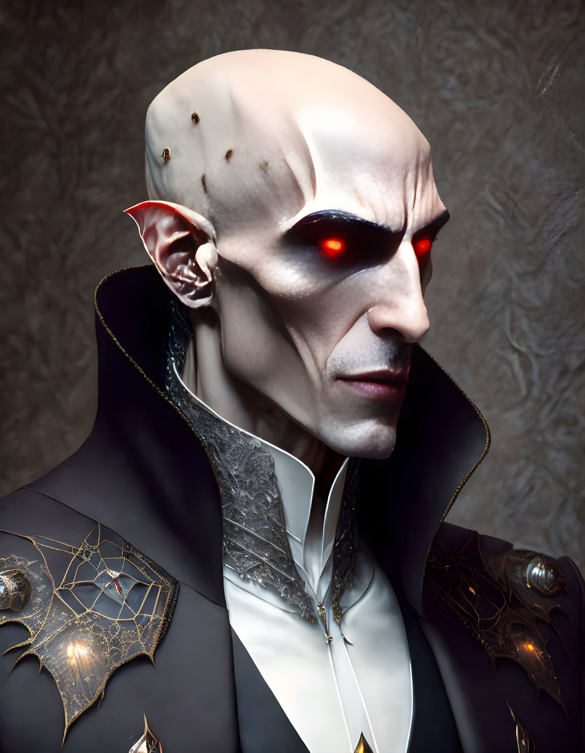 Sinister male figure with red eyes and piercings in dark coat