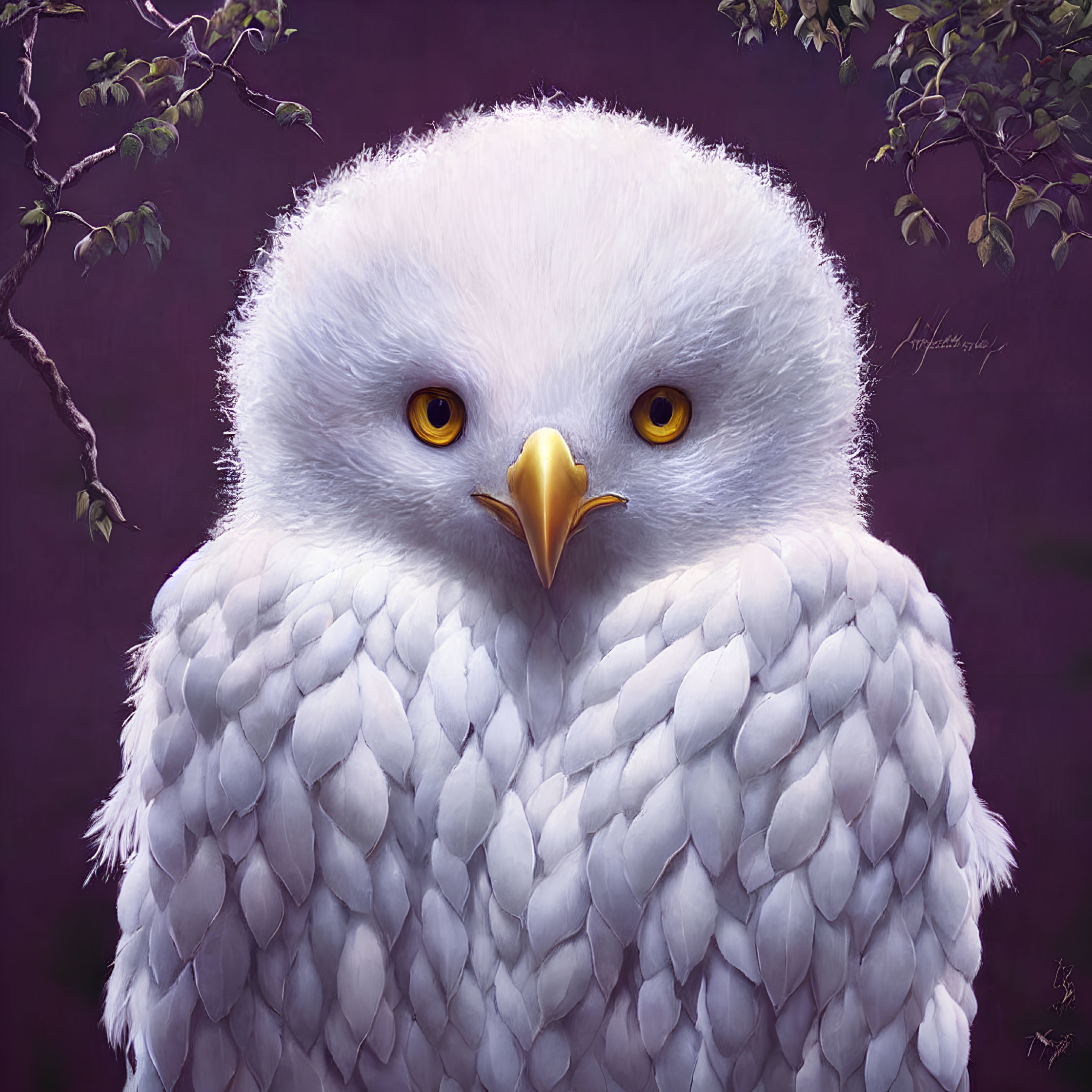 Detailed White Eagle Illustration with Yellow Eyes on Purple Background