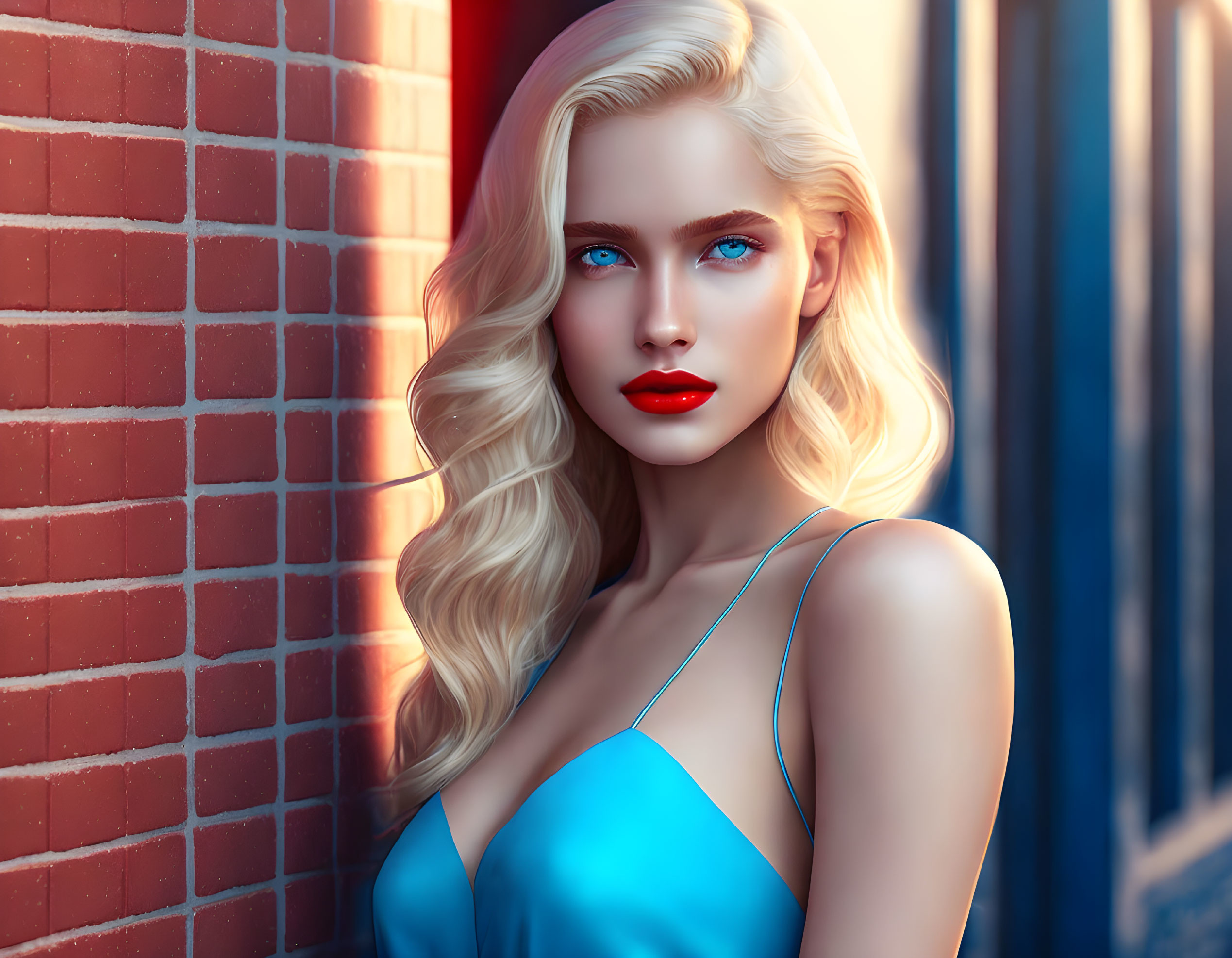 Blonde Woman Portrait with Blue Top on Brick Wall