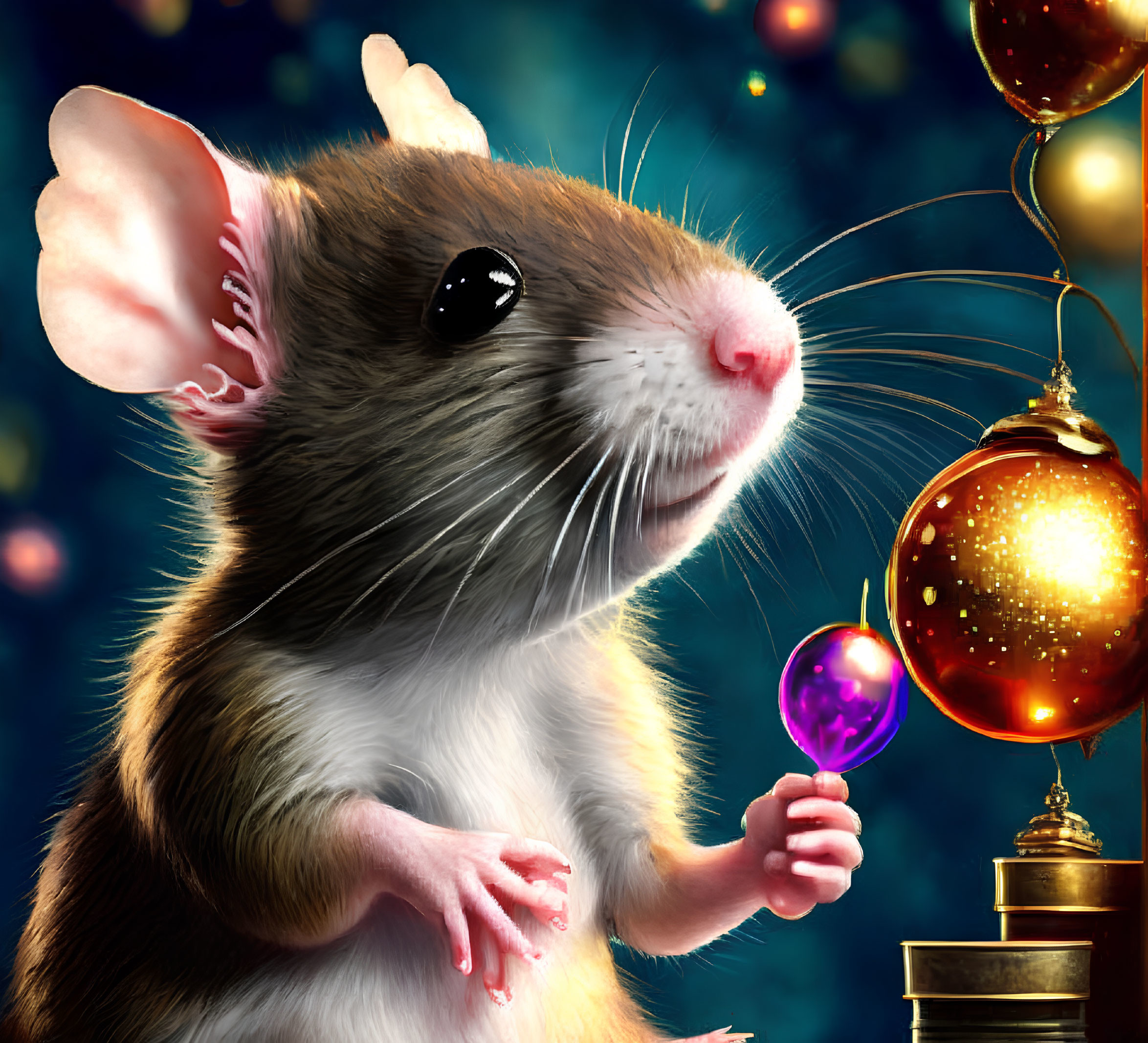 Anthropomorphized brown and white rat with purple glass ball and glowing orange ornament in digital illustration