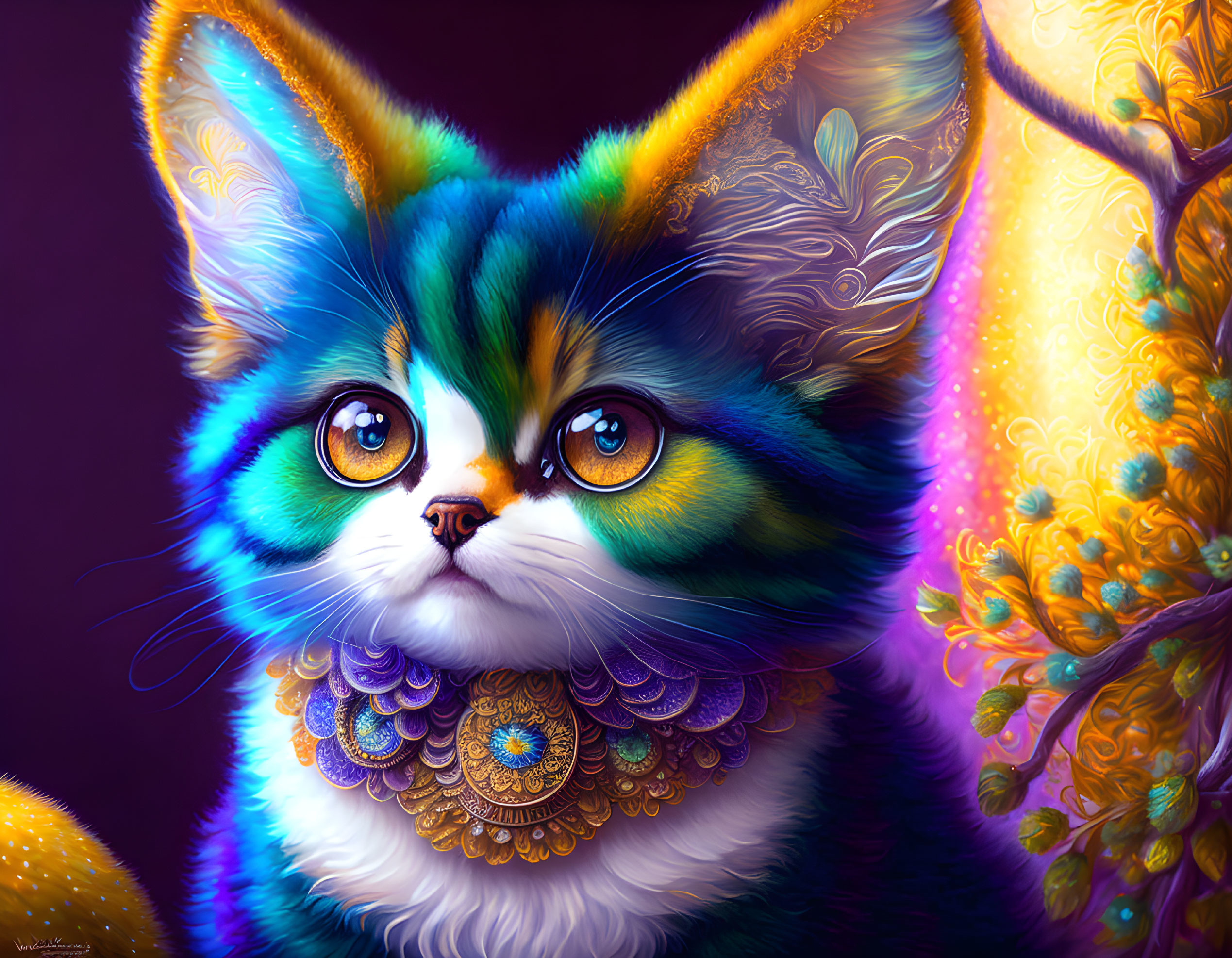 Multicolored fur fantastical cat digital artwork in a colorful tree setting