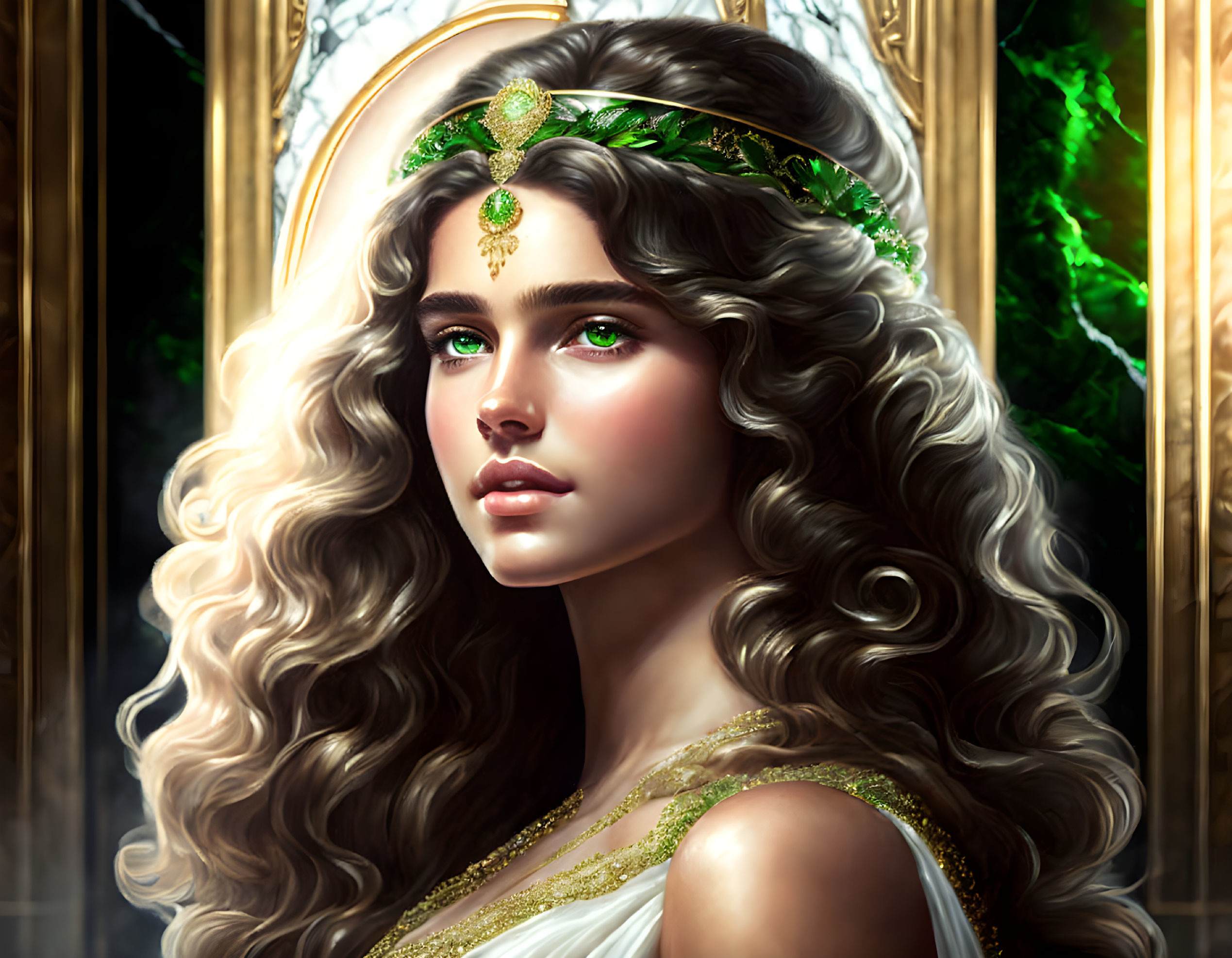 Digital artwork of a woman with curly hair, green eyes, and a golden crown.