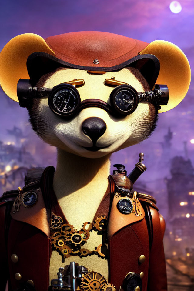 Steampunk-themed anthropomorphic meerkat in leather coat and goggles.