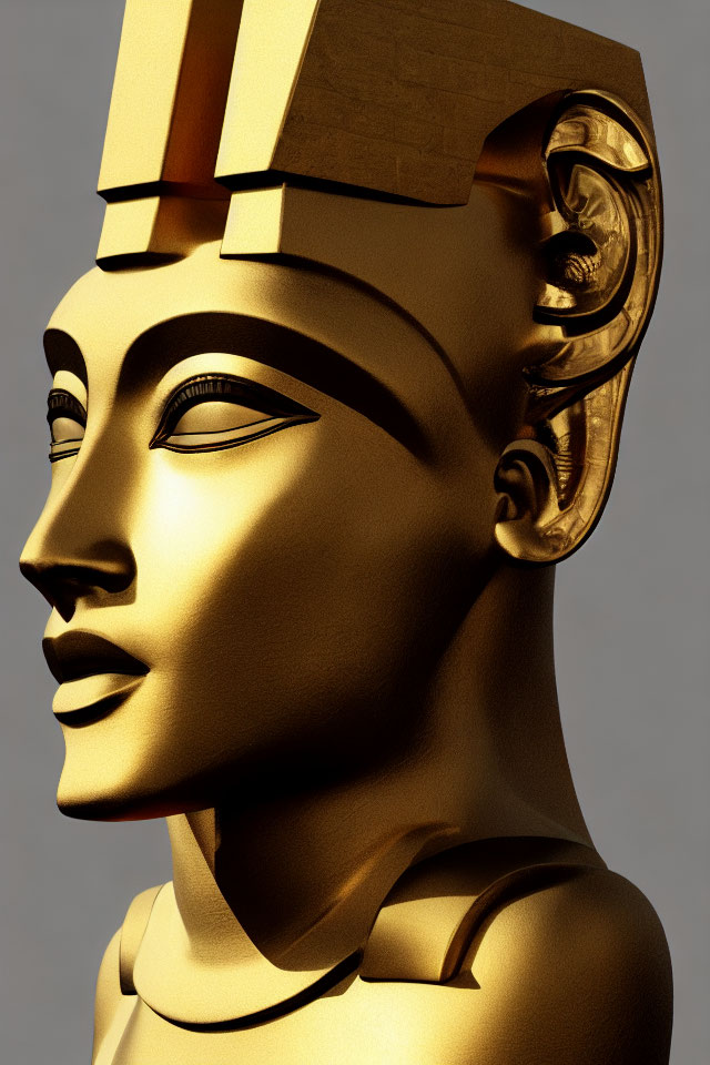 Golden 3D rendering of ancient Egyptian pharaoh bust with headdress